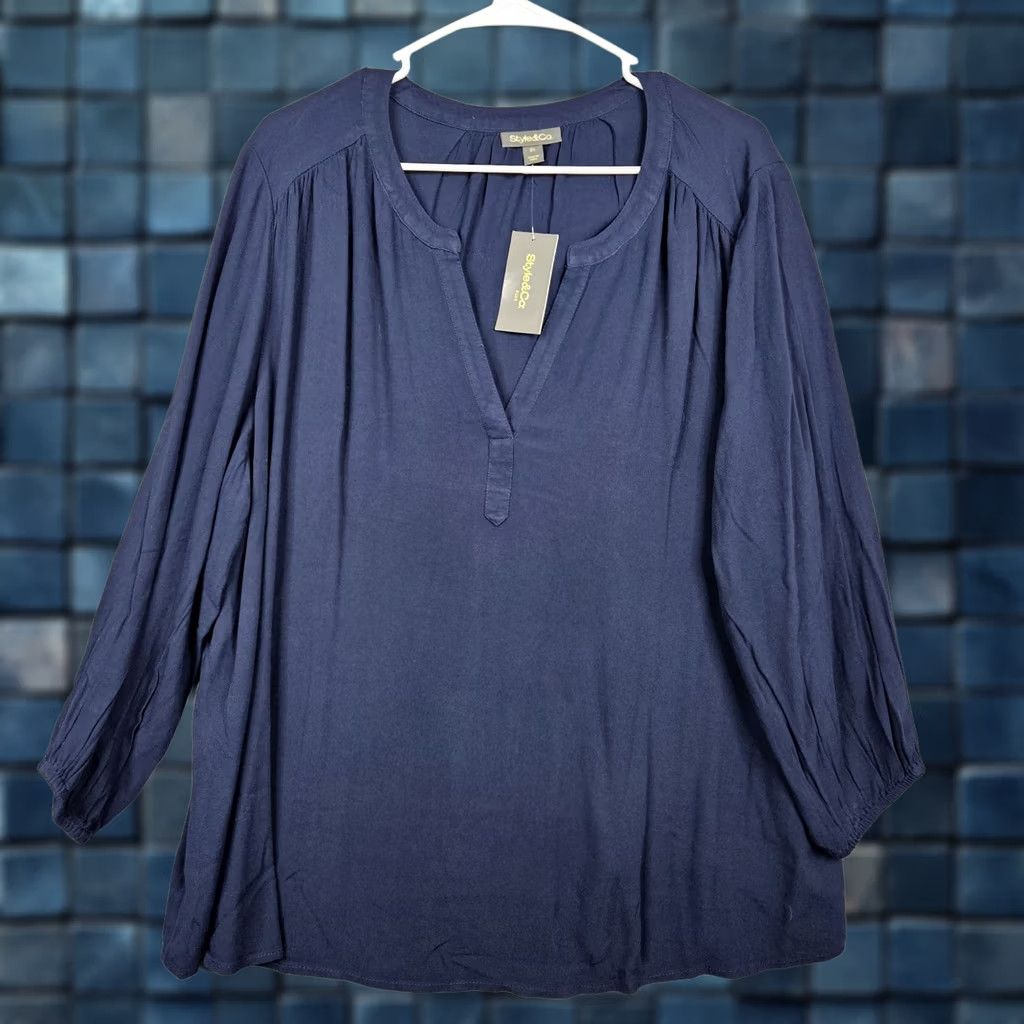 Vintage STYLE & Co. Industrial Blue V-Neck Peasnt Women's Blouse Size 2X Size XXL / US 16-18 / IT 52-54 - 1 Thumbnail