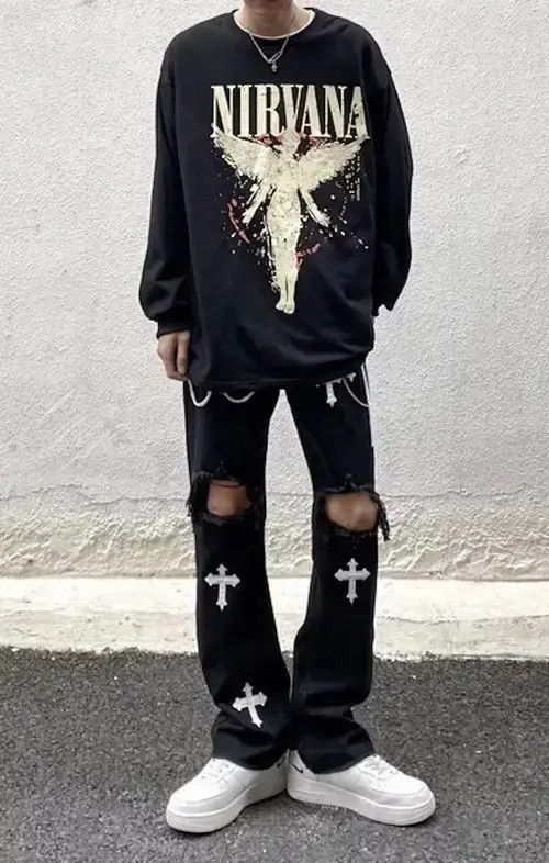 Japanese Brand × Jean Fashion punk cross ripped jeans pants Size US 28 / EU 44 - 2 Thumbnail