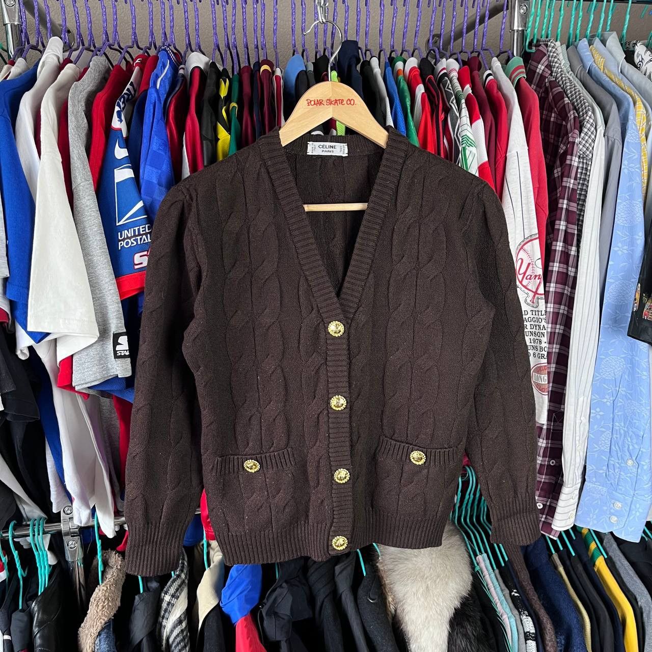Celine 80s Celine Paris Pure Wool Brown Cable Knit Cardigan Size XS / US 0-2 / IT 36-38 - 1 Thumbnail