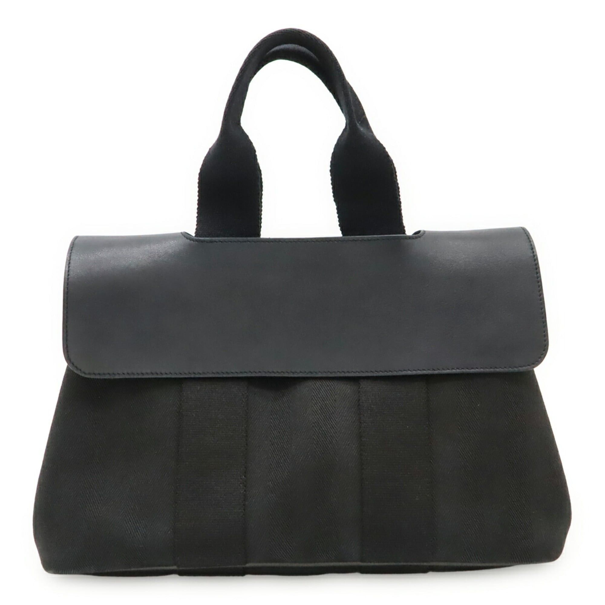 HERMES Valparaiso PM handbag tote bag in Toile Chevron leather black.