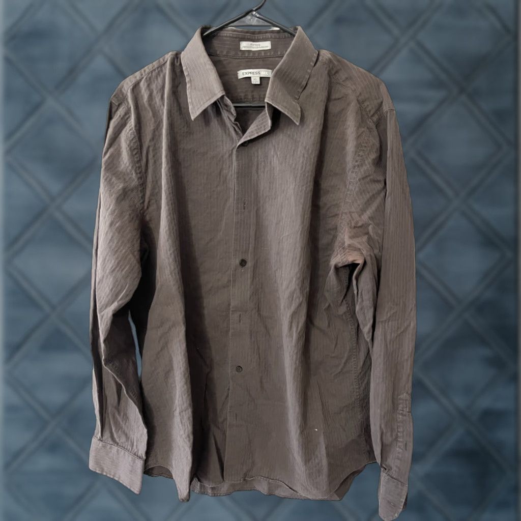 Express Express 1MX Brown Striped Dress Shirt Adult XL Regular Fit Mens Size 46R - 1 Thumbnail