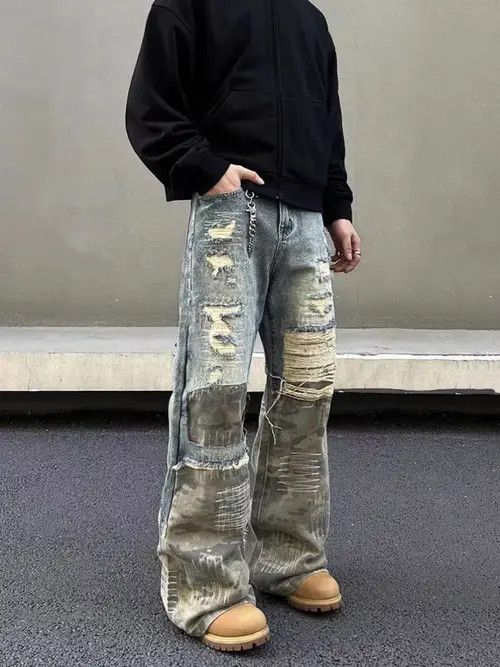 Jean Heavy duty washed and torn camouflage patchwork jeans Size US 32 / EU 48 - 7 Thumbnail