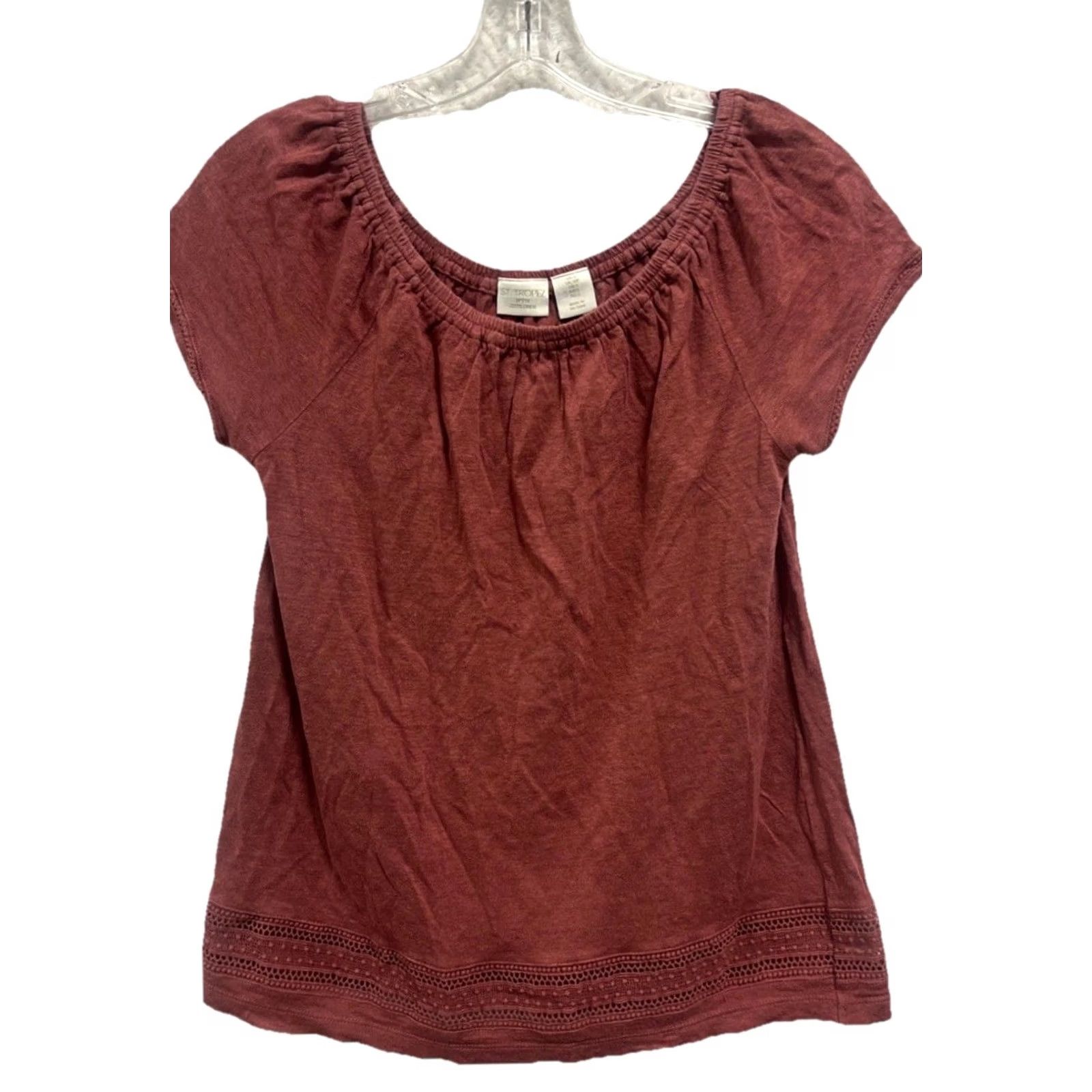 Vintage St. Tropez West 100% Linen Peasant Blouse Women’s S Rust Bohemian Cottagecore Cap Sleeve Crochet Trim Hem Casual Shirt Size S / US 4 / IT 40 - 3 Thumbnail