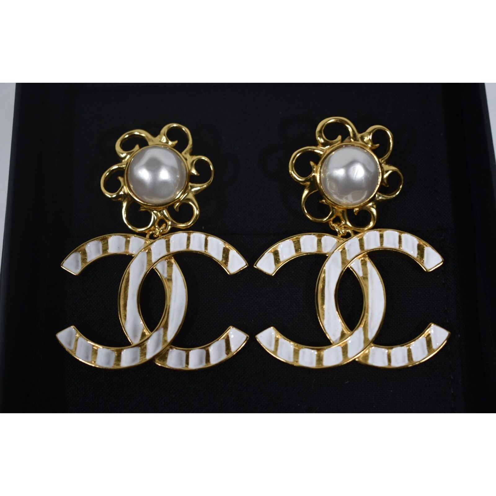 Chanel Chanel Gold White Stripe Dangle Drop Statement Earrings Size ONE SIZE - 5 Thumbnail