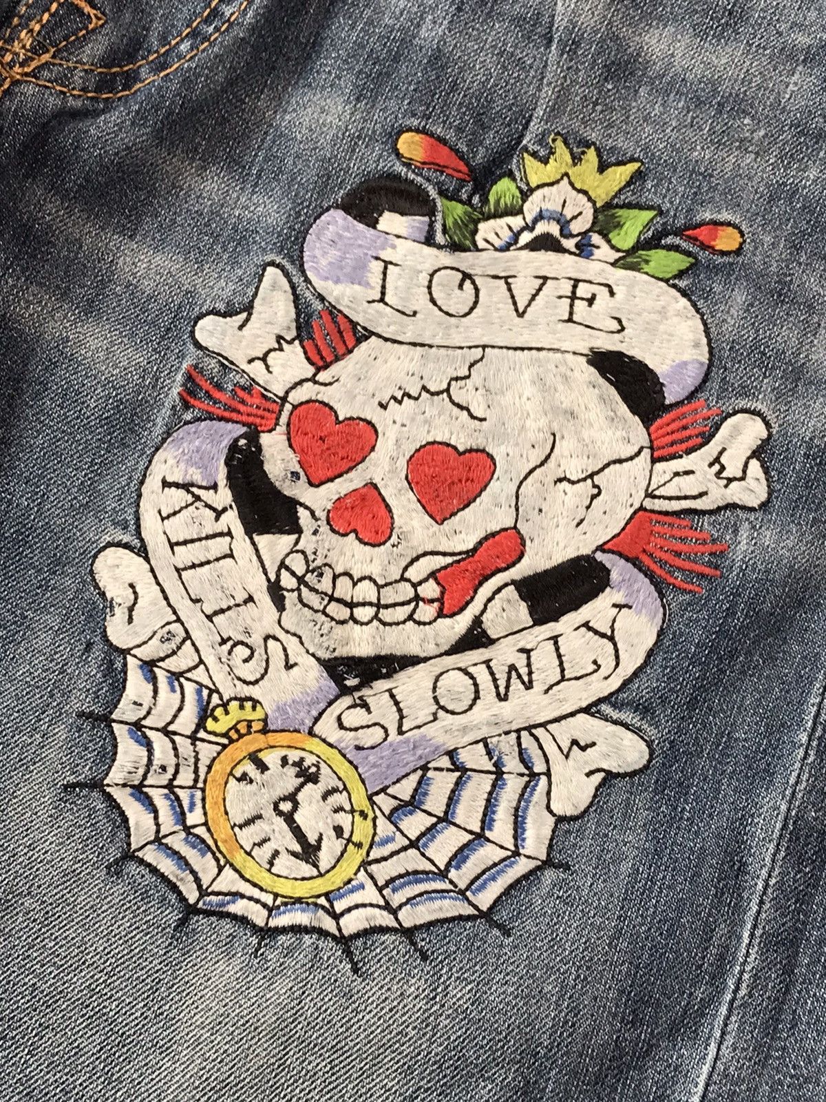 Christian Audigier × Ed Hardy × Vintage Vintage Edhardy skull embroidered denim Size US 33 - 4 Thumbnail