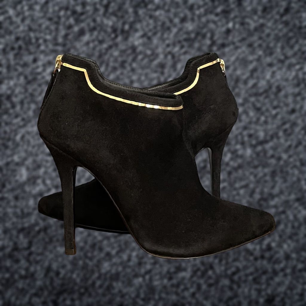 Giuseppe Zanotti VINTAGE Giuseppe Zanotti Black Suede Booties Stiletto Heel Gold Trim Ankle Zip 36 Size US 6 / IT 36 - 1 Thumbnail