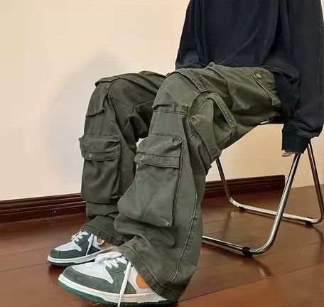 Japanese Brand Olive Green Baggy Cargo Pants - Y2K Skate Streetwear Size US 31 - 7 Thumbnail