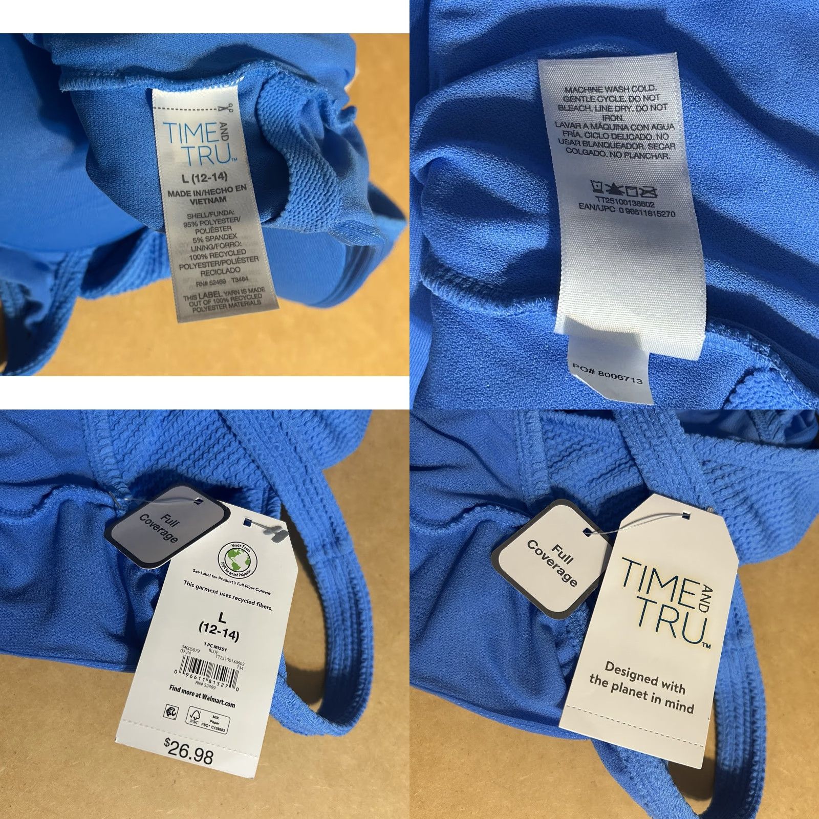 Vintage Time and Tru One Piece SwimSuit Blue Large 12-14 NWT 1 PC Missy Full Cover Size ONE SIZE - 10 Thumbnail