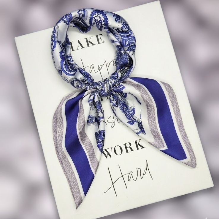 Other Luxury Blue White Paisley Geometric Silky Square Scarf Head Size ONE SIZE - 1 Thumbnail