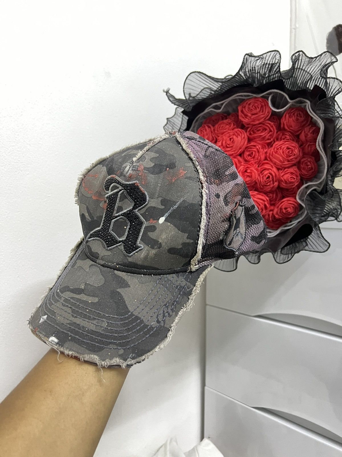 image of Kapital x Roen Sick Vintage Roen Camo Distressed Trucker Hat in Green, Men's