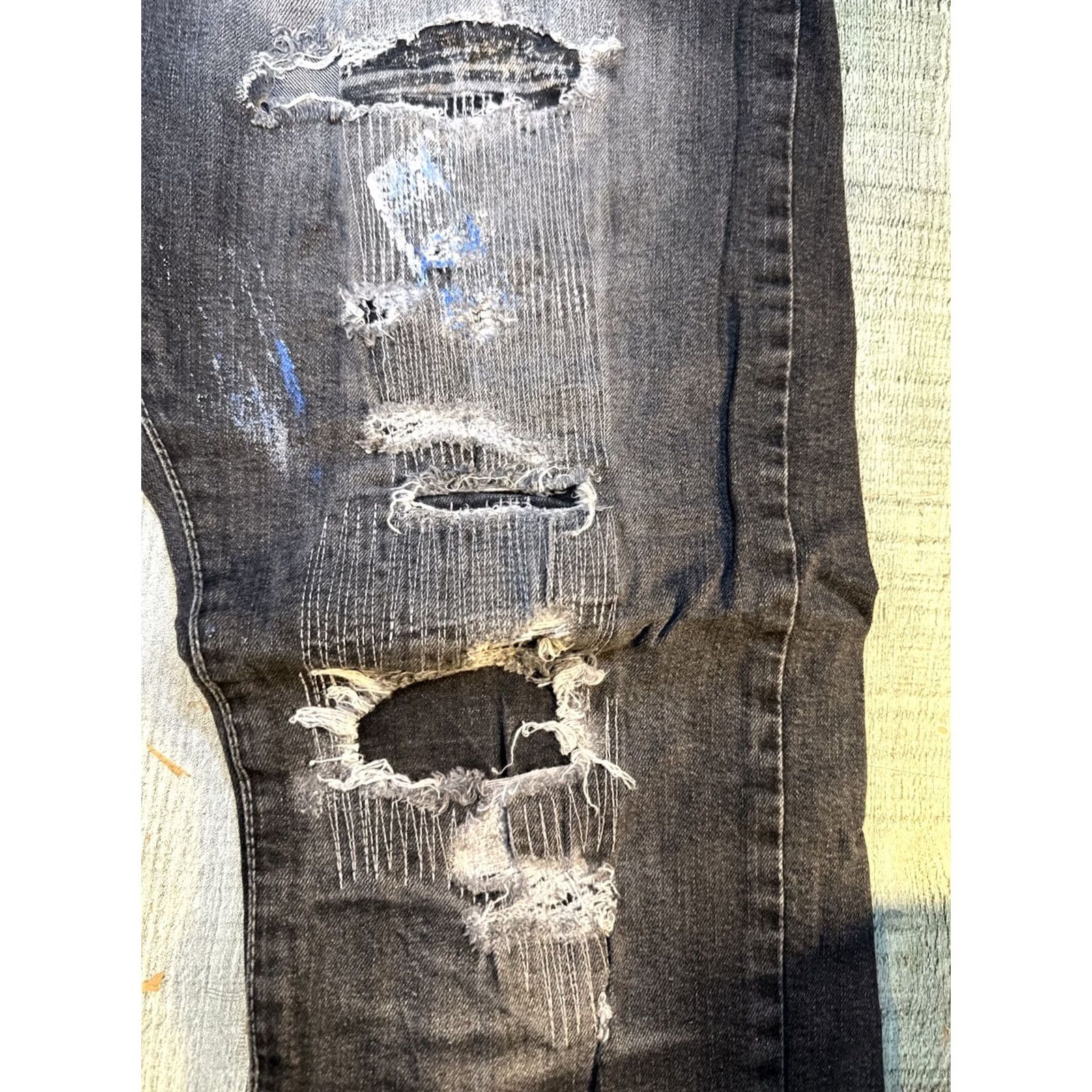 Vintage Focus Jeans Men Straight Distressed Black Blue White Paint 38x32 30in Inseam Mens Regular Fit Size US 34 / EU 50 - 6 Thumbnail