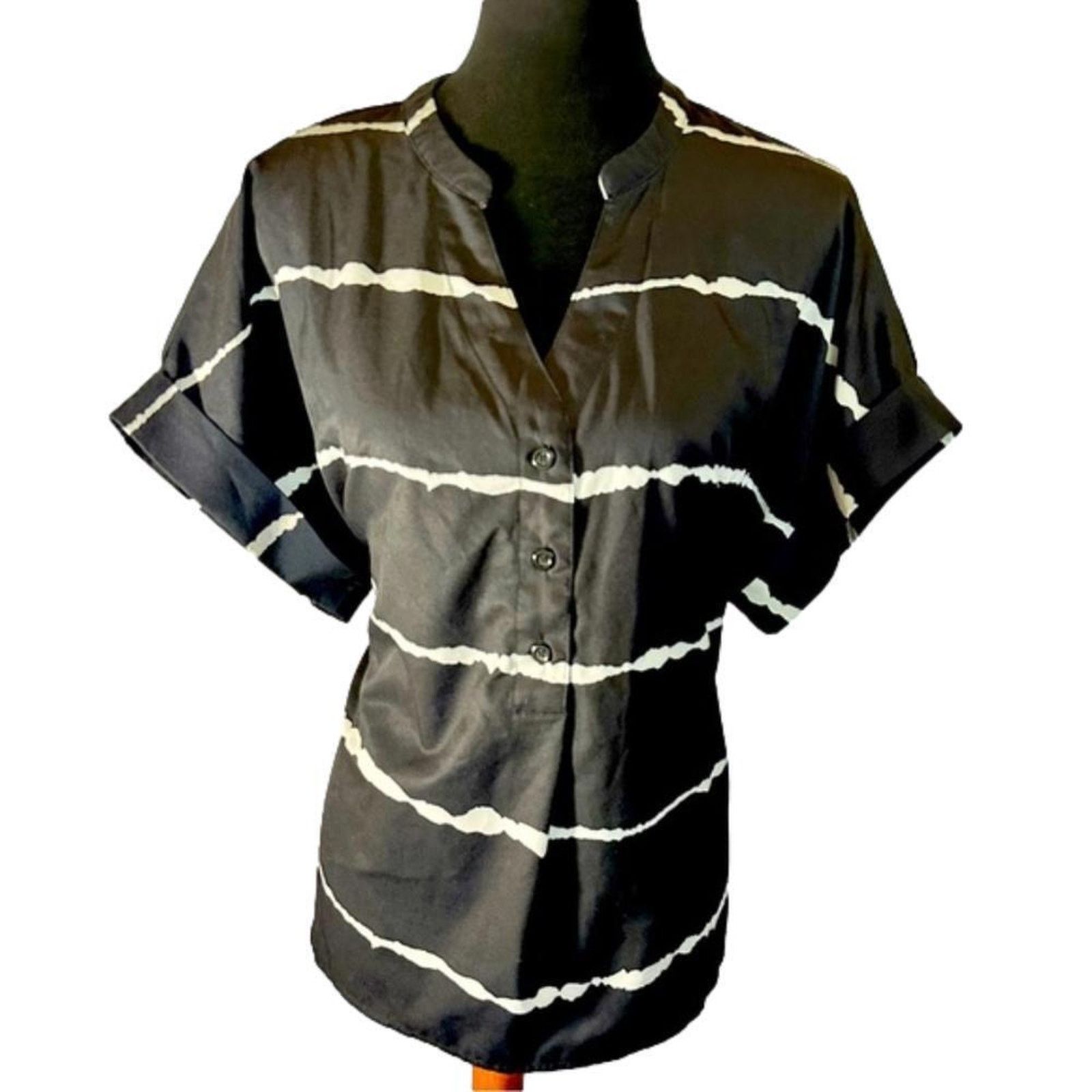 Designer Mazik Women's Black Striped Short Sleeve Blouse Size M / US 6-8 / IT 42-44 - 1 Thumbnail