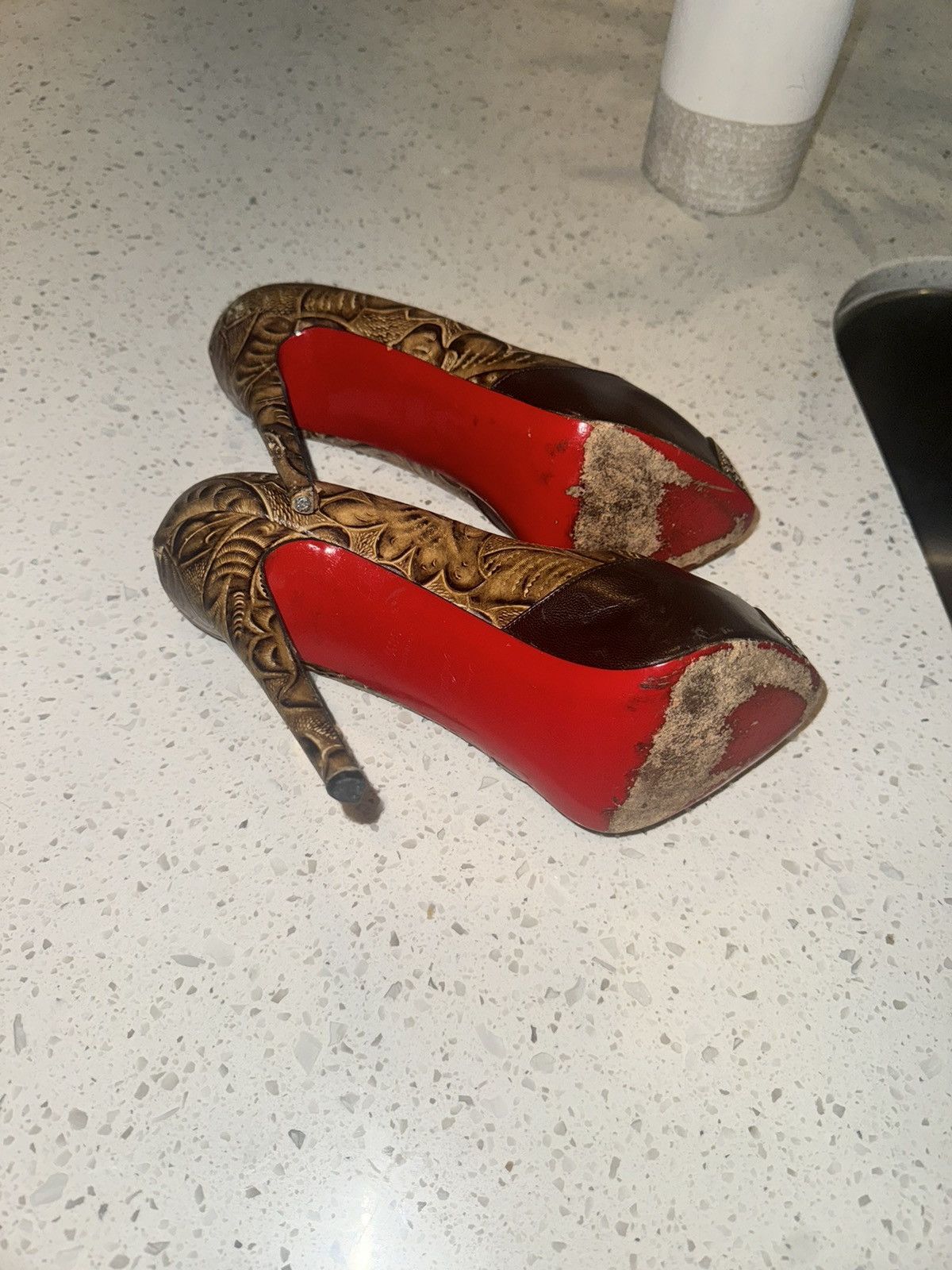 Christian Louboutin Luxurious Gold Embossed Platform Heels w/ Signature Red Sole Size US 7.5 / IT 37.5 - 9 Thumbnail