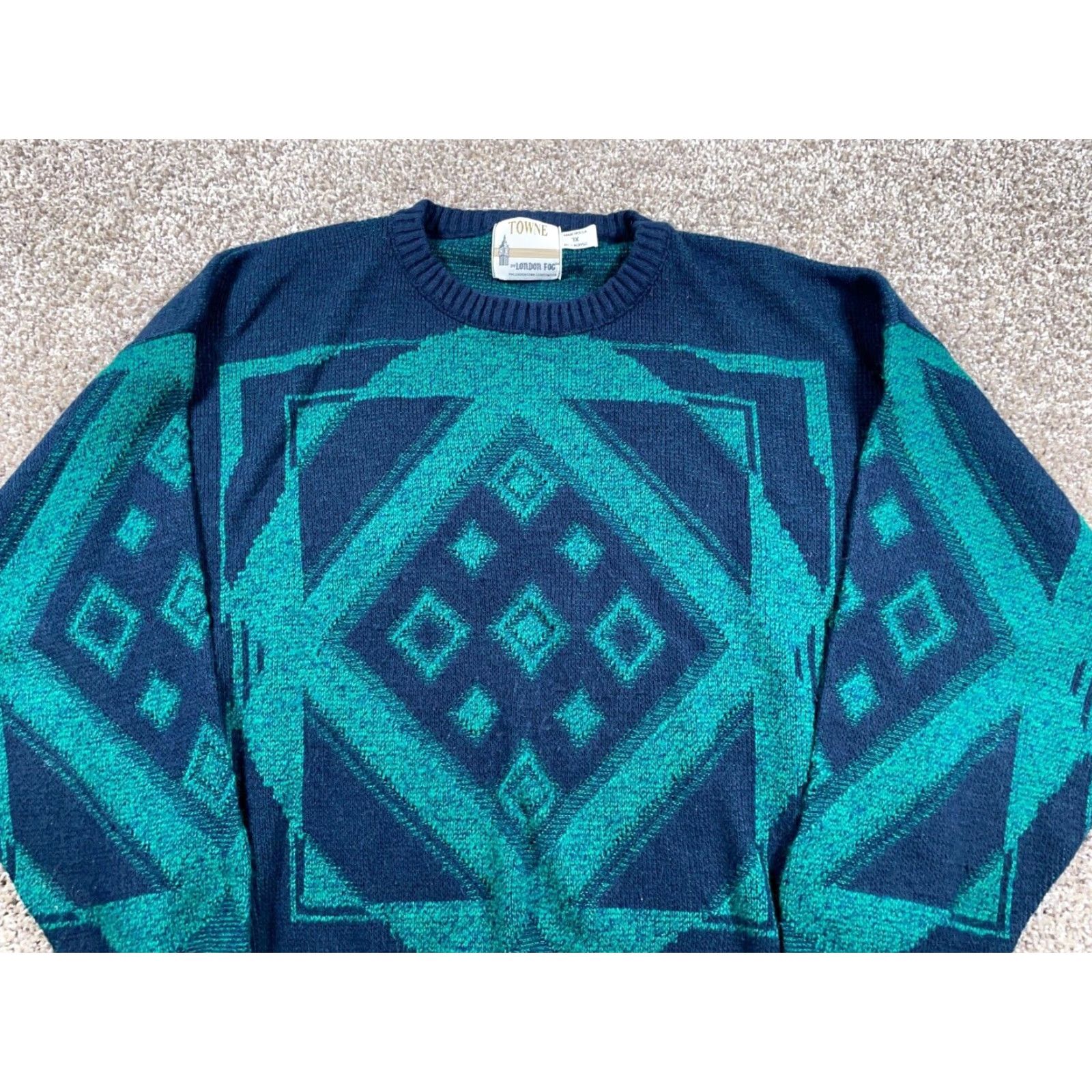 London Fog VINTAGE 90s Geometric Pattern London Fog Sweater Big 1X Dark Blue Green Lightweight Knit Mens Pullover Crew Neck Long Sleeve Casual Knitwear Size US XL / EU 56 / 4 - 2 Thumbnail