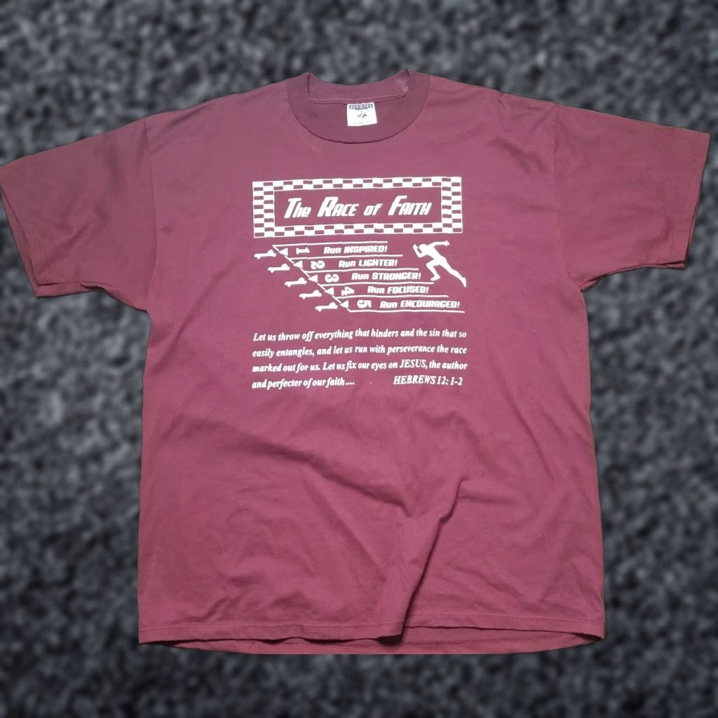 VINTAGE Mens XL Race Of Faith 90s Maroon T-Shirt Hebrews 12:1-2 JERZEES Jesus RA Re a?