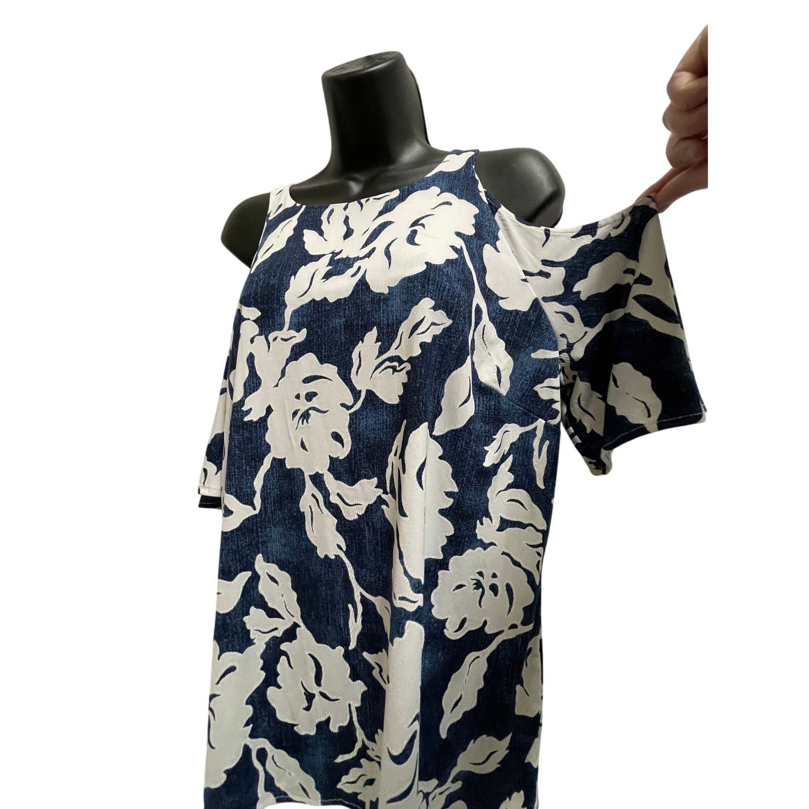 Other Inc Blue White Floral - Cold Shoulder Blouse - Large Size L / US 10 / IT 46 - 2 Thumbnail