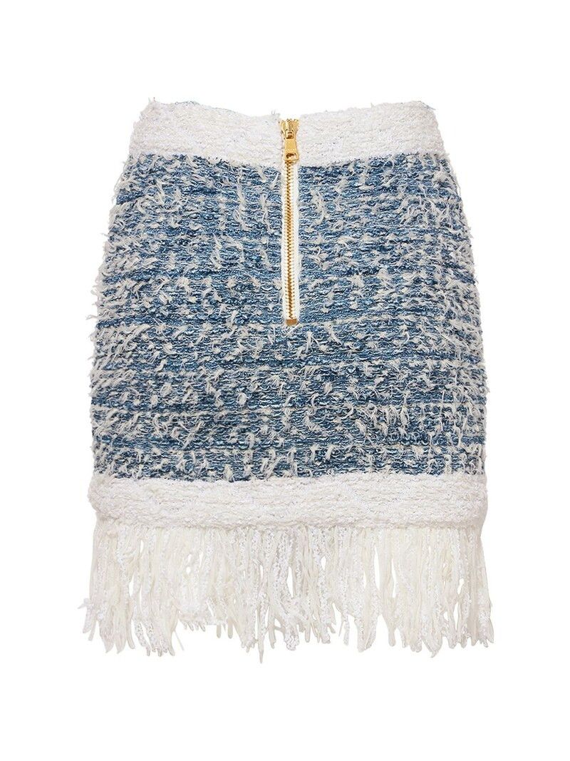 Balmain o1s1wg110825 Fringed Denim Tweed Miniskirt in Blue/White Size 28" / US 6 / IT 42 - 2 Thumbnail