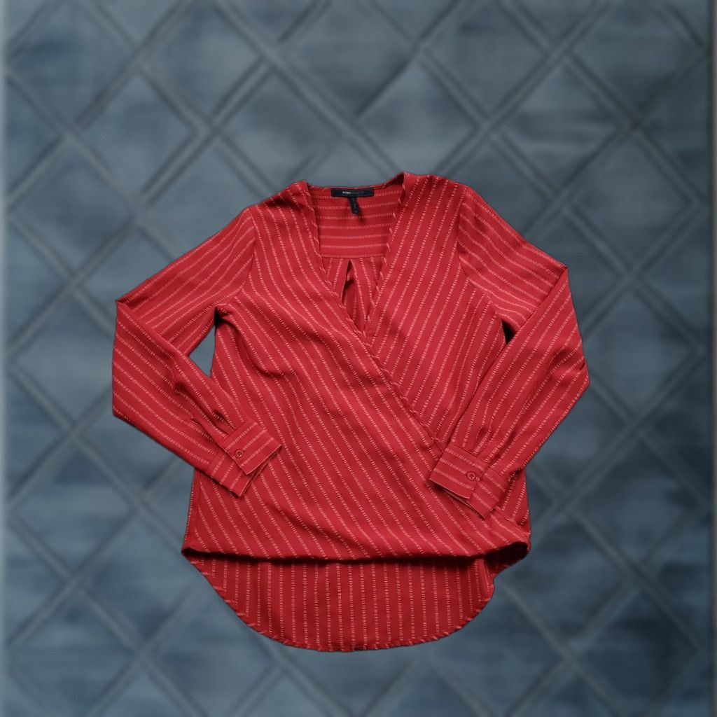 Bcbgmaxazria BCBGMAXAZRIA Blouse Womens XS Red Long Sleeve Surplice Stripe Wrap Top Dressy Size XS / US 0-2 / IT 36-38 - 1 Thumbnail
