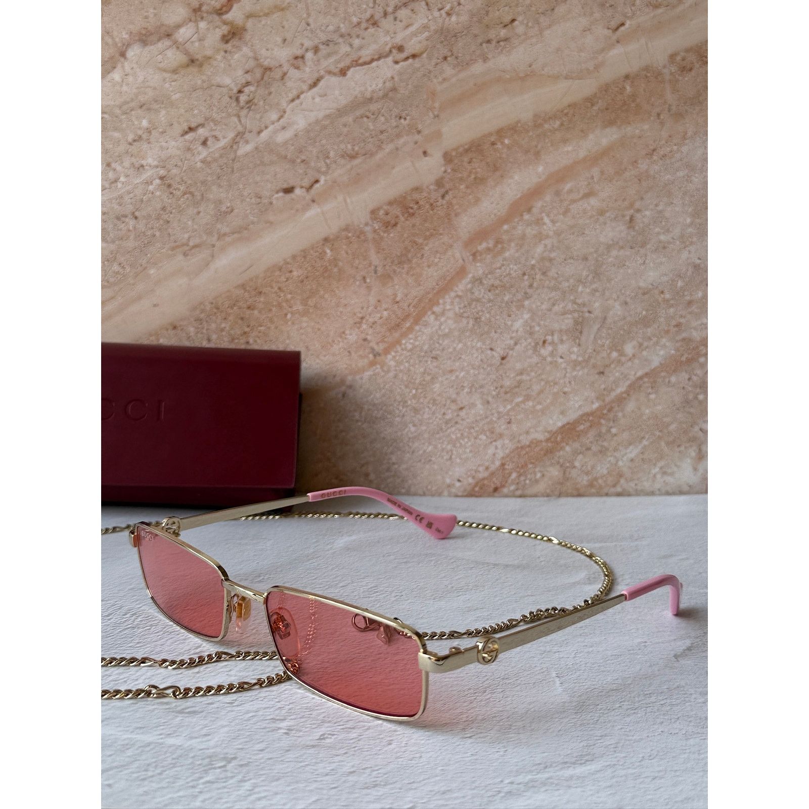 Gucci NEW Gucci GG1600S Gold Chain Pink Rectangule Sunglasses $650 Size ONE SIZE - 4 Thumbnail