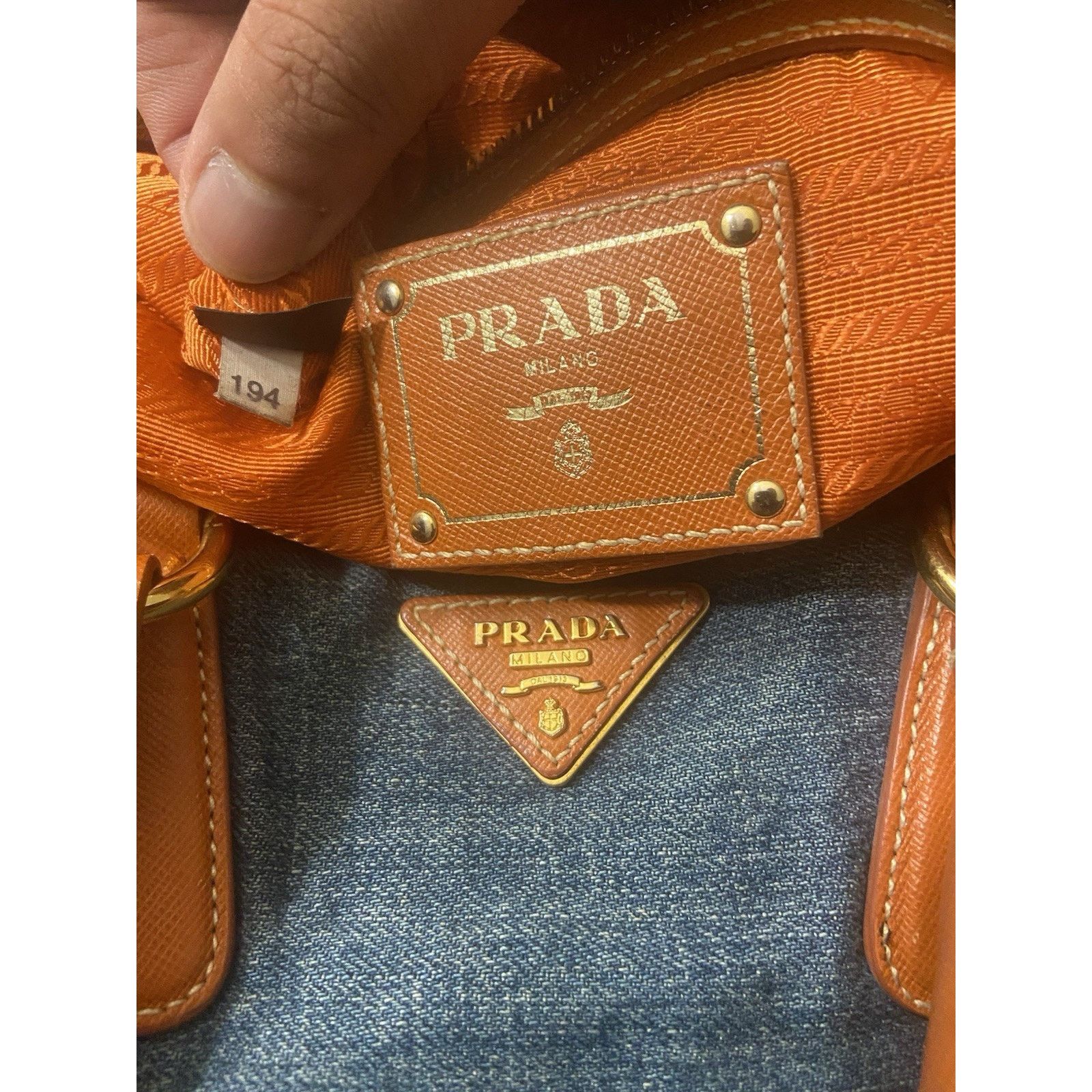 Prada Prada Bauletto blue denim orange saffiano 2way handbag, good Size ONE SIZE - 19 Thumbnail