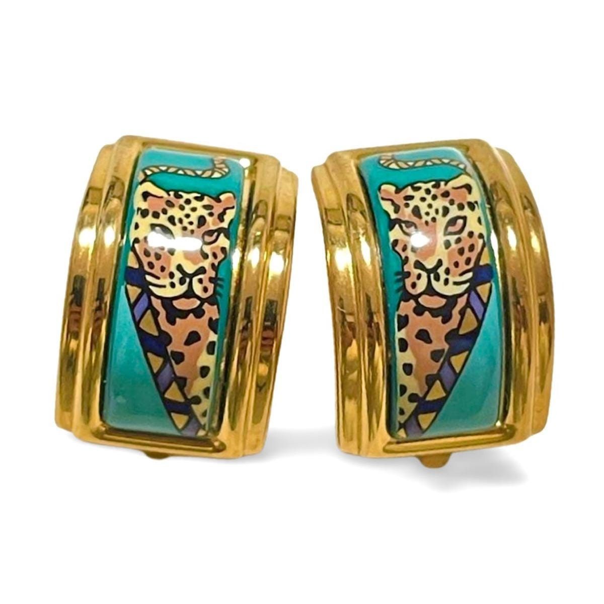 Hermes Vintage Hermes cloisonne enamel golden earrings with panther Size ONE SIZE - 2 Thumbnail