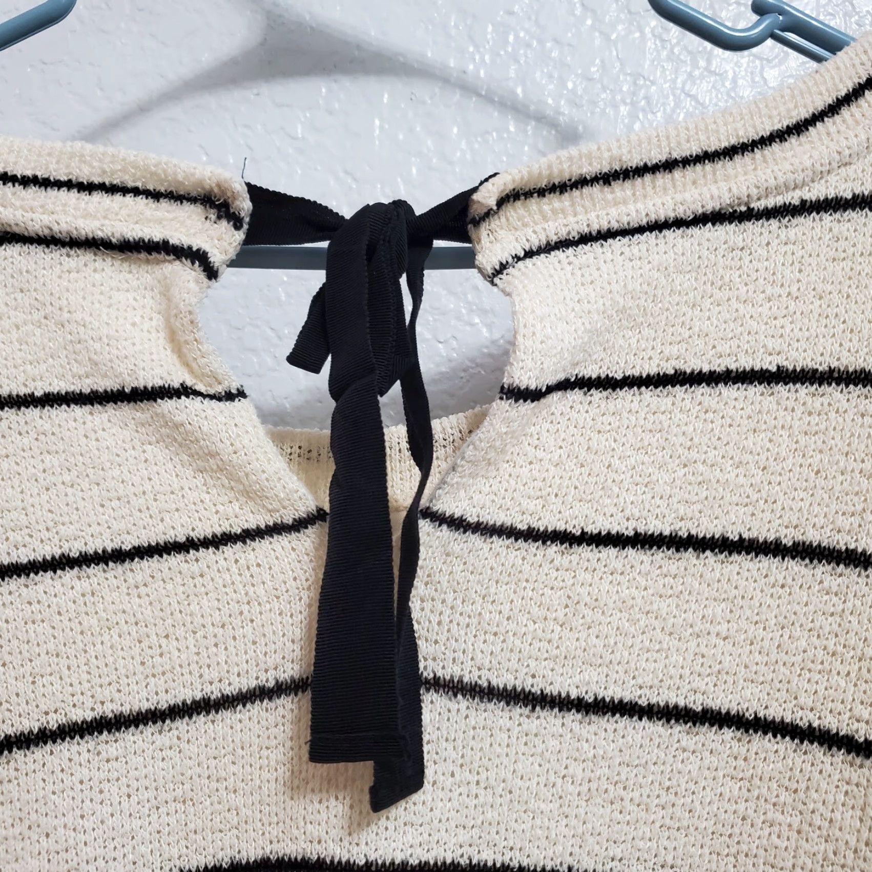 Anthropologie Anthropologie Postmark Top Women S Ivory Black Striped 3/4 Sleeve Tie Back Layered Knit Sweater Top Size S / US 4 / IT 40 - 7 Thumbnail