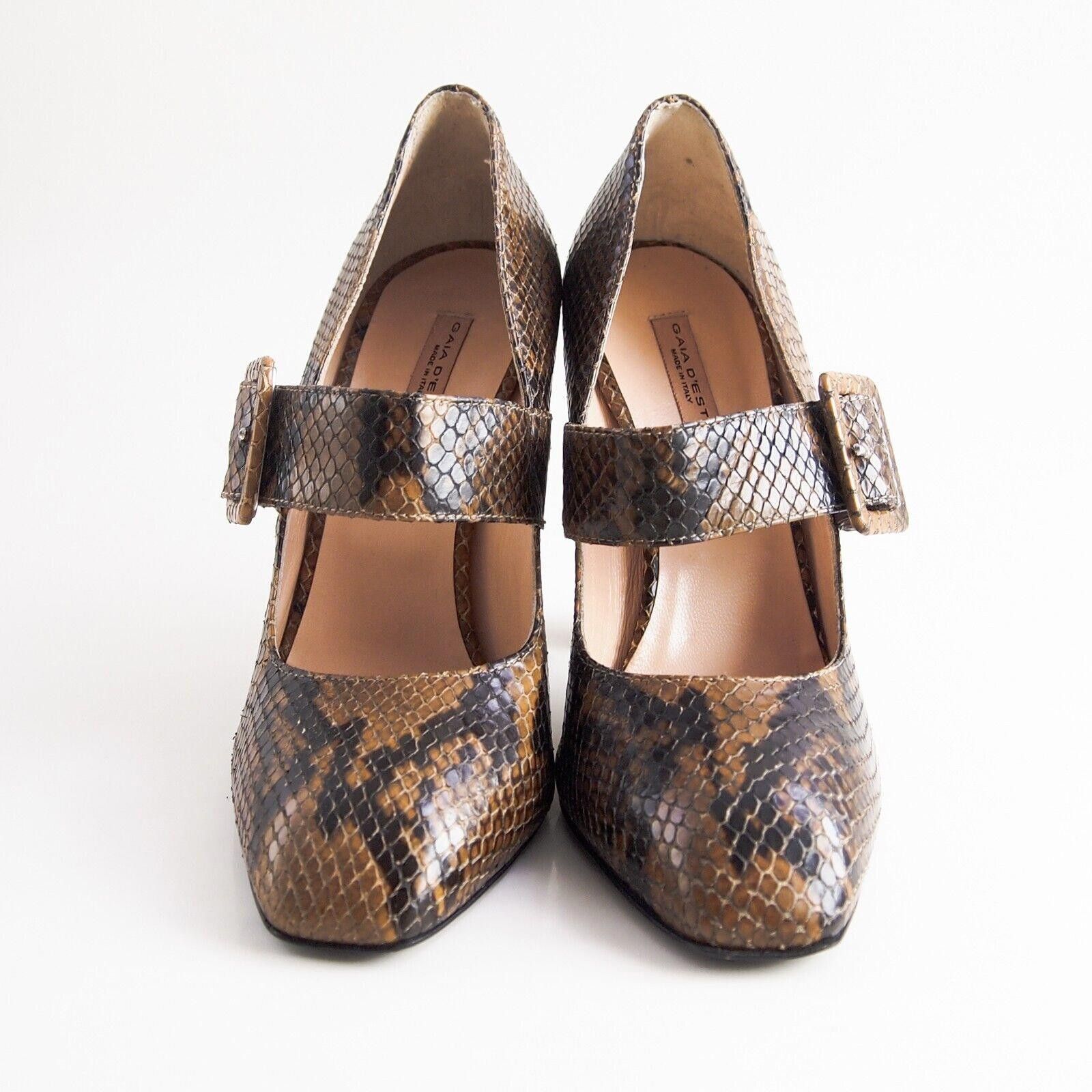 Designer Gaia D'Este Mary Jane Heels Brown Python Buckle US 7 EU 37 Size US 7 / IT 37 - 3 Thumbnail