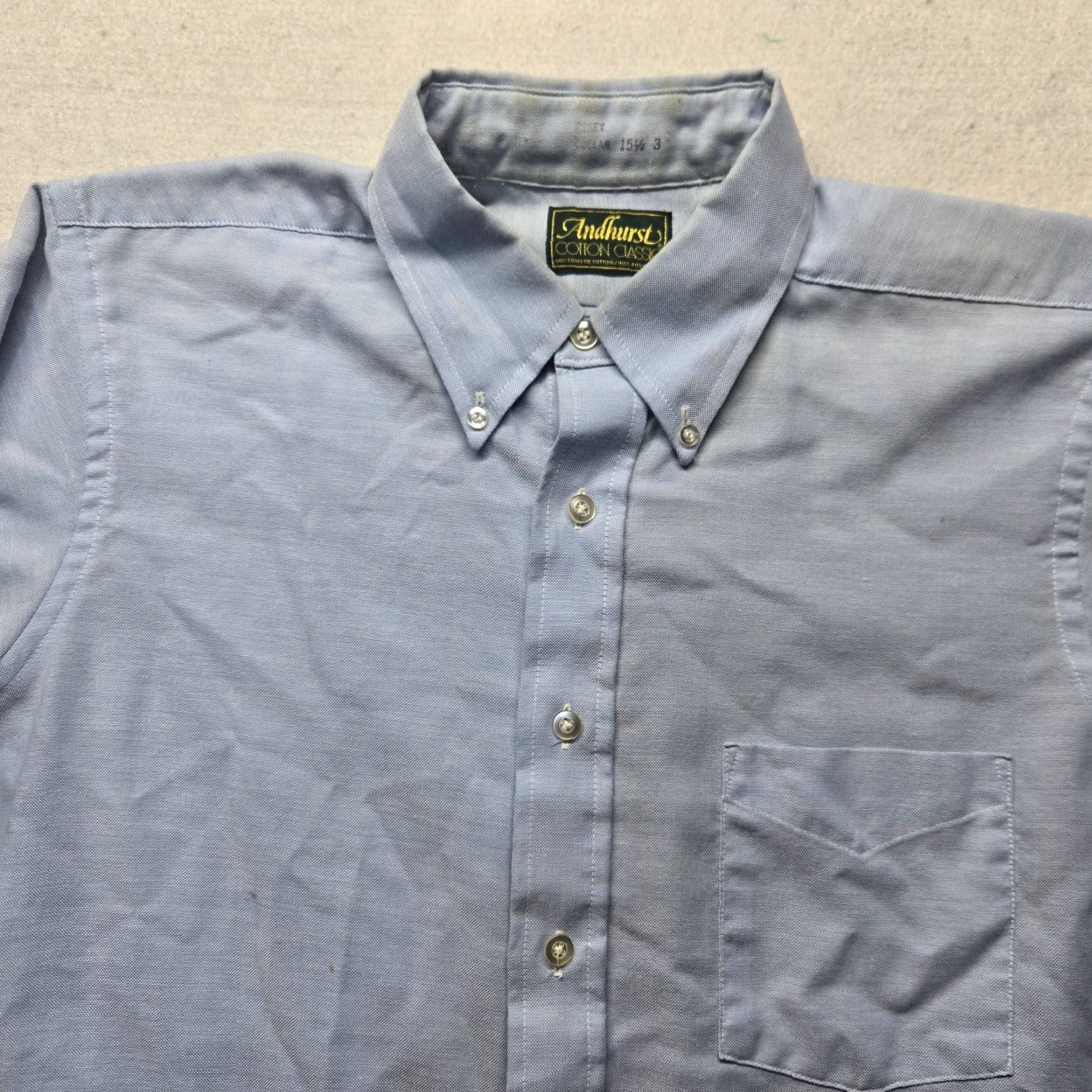 Vintage ANDHURST Shirt Button-Up Solid Blue Long Sleeve Adult Men XL 15.5 Cotton Polyester Casual Travel 80s 90s Sports Mens Size US XL / EU 56 / 4 - 2 Thumbnail