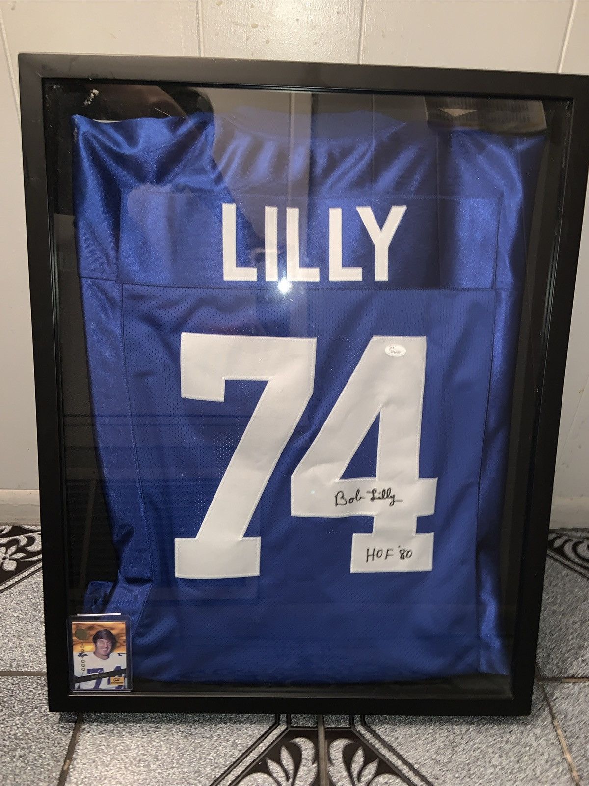 image of Vintage Bob Lilly Hall Of Fame ‘80 Framed Autograph Jersey in Blue, Men's (Size 2XL)