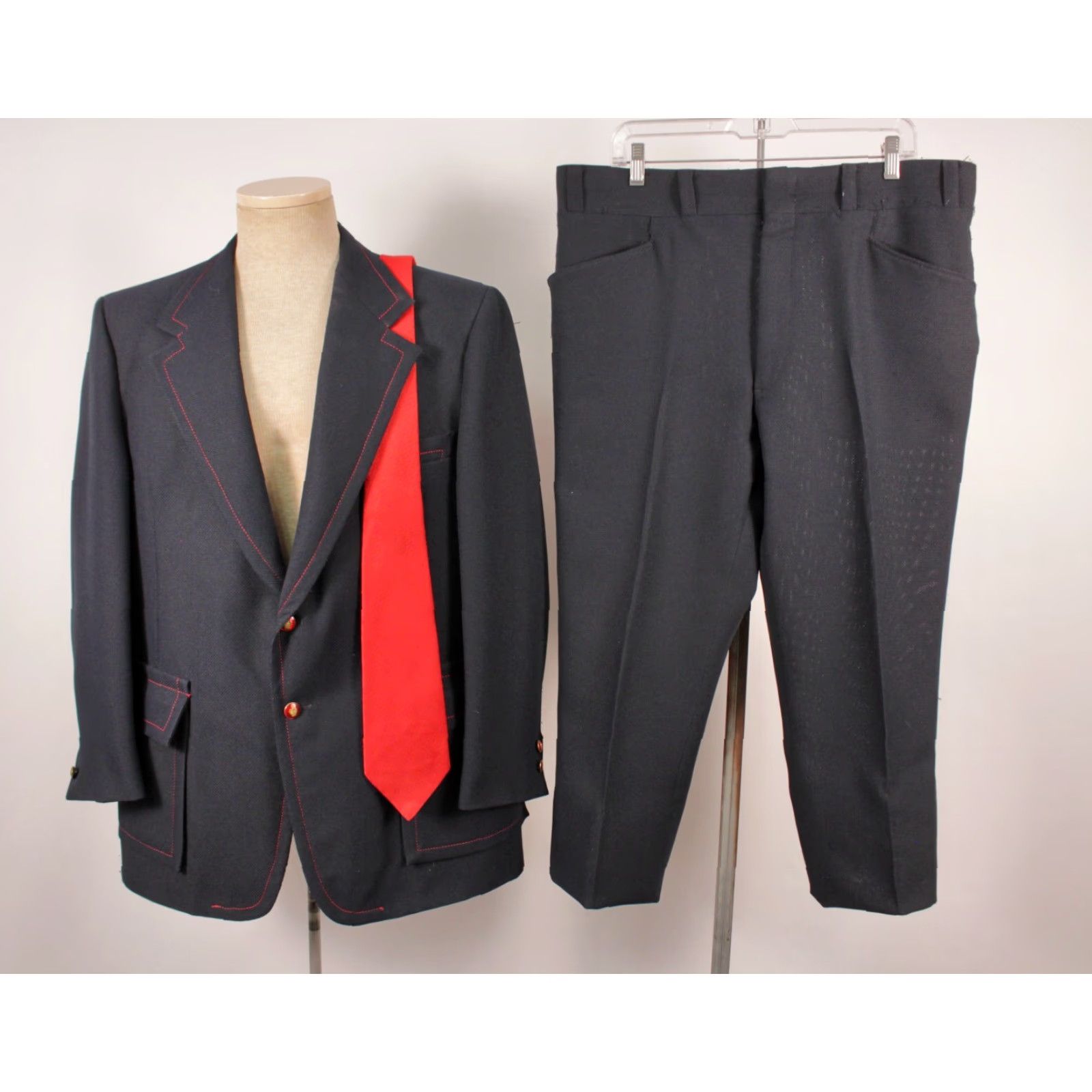 Vintage VINTAGE Mens VTG 70s 2 PC Navy Blue & Red Leisure Suit W Tie Sz L Polyester 1970s Size 42R - 2 Thumbnail
