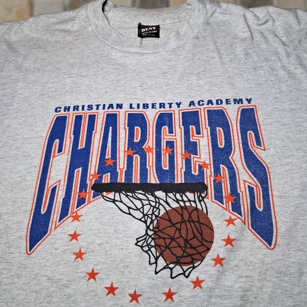 Fruit Of The Loom VINTAGE BEST Fruit of the Loom Christian Liberty Academy Chargers Basketball Shirt XL Gray Short Sleeve Crew Neck Men Size US XL / EU 56 / 4 - 1 Thumbnail