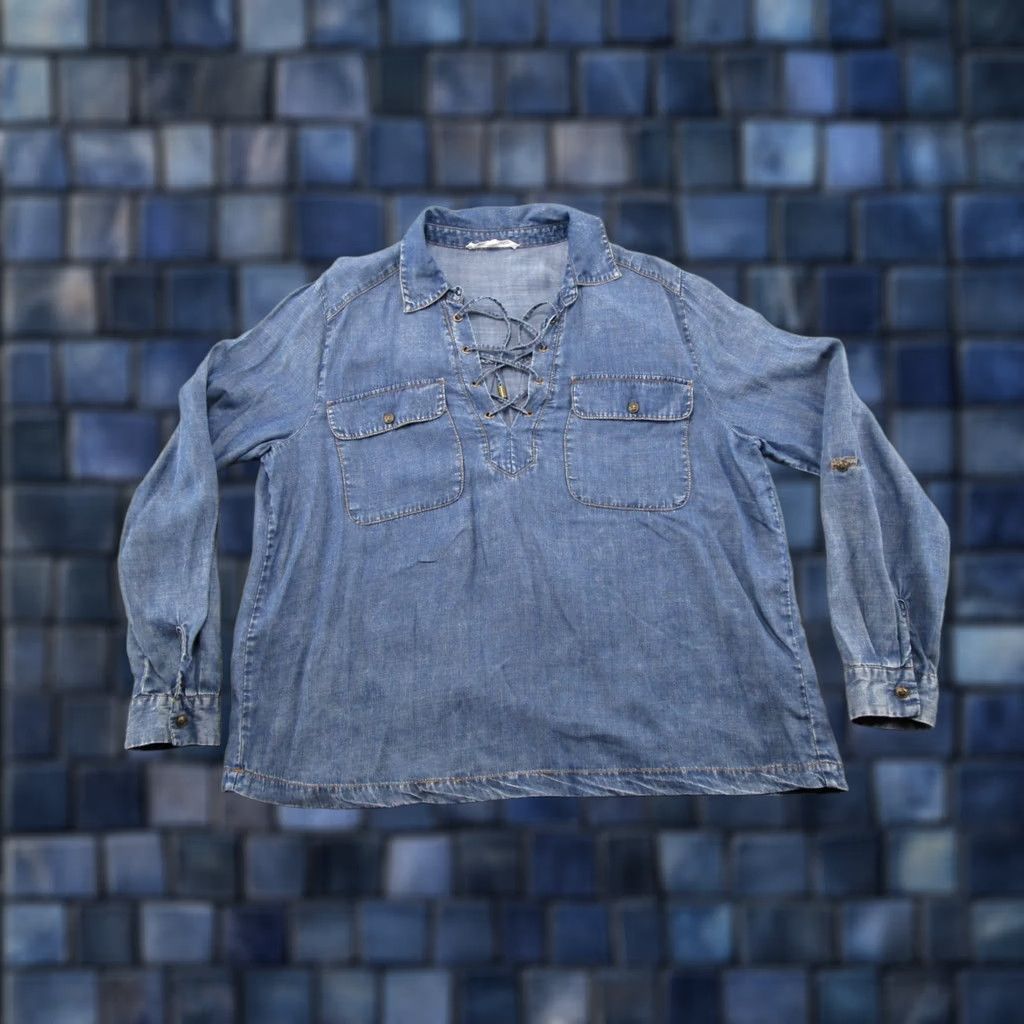Vintage Jane Blouse Long Sleeve Roll Tab Pockets Lyocell Chambray Size L Blue Women 90s? (adjusted) Size L / US 10 / IT 46 - 1 Thumbnail