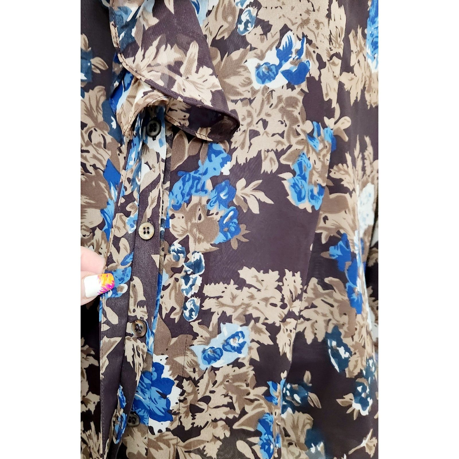 Coldwater Creek Coldwater Creek Brown Blue Floral Ruffled Neck Top Large Size L / US 10 / IT 46 - 3 Thumbnail