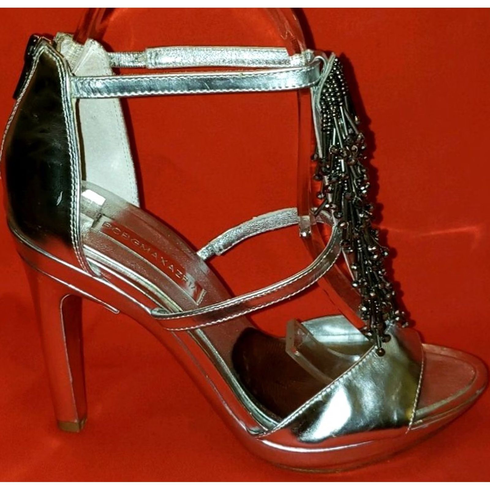 Bcbgmaxazria BCBG MAXAZRIA Pumps Womens Silver ANKLE STRAP HEEL SIZE BEADED TASSELS UPFRONT Size US 5 / IT 35 - 5 Thumbnail