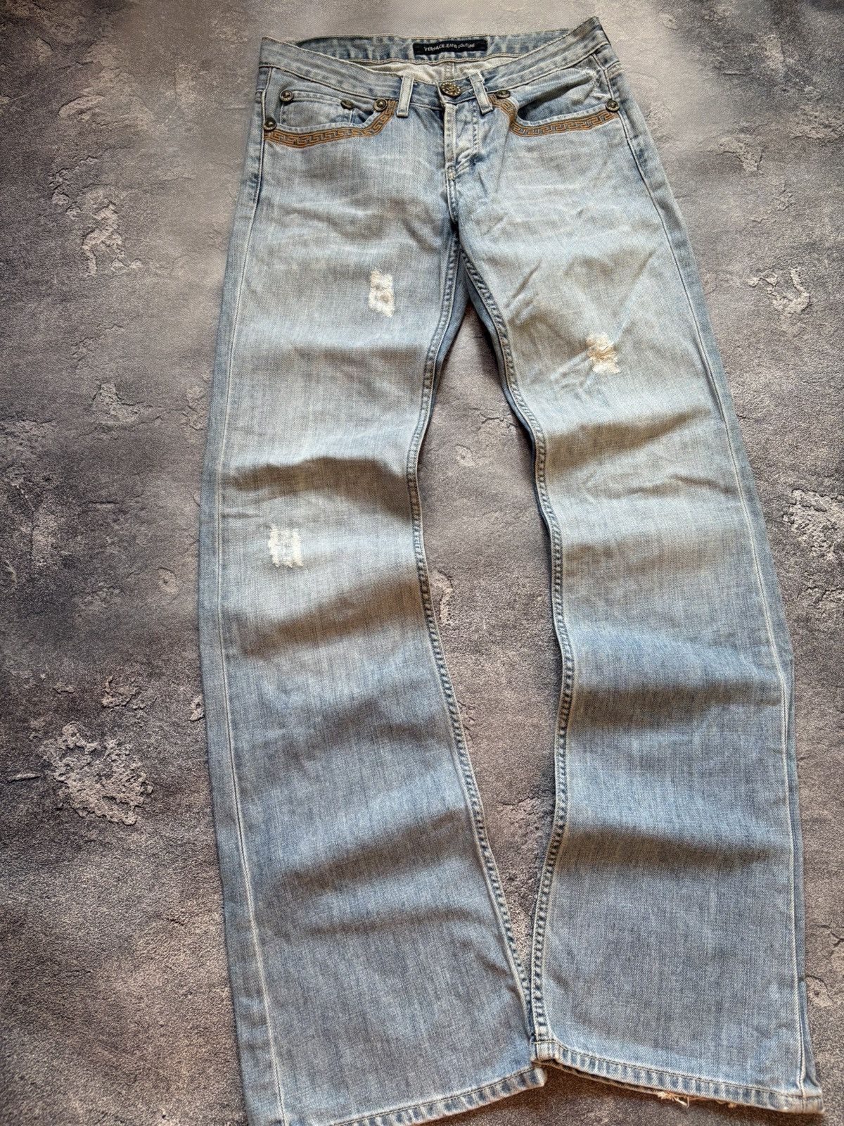 Versace Jeans Couture Vtg Versace Y2K Medusa Logo Distressed Bootcut Flared Jeans Size 29" - 6 Thumbnail