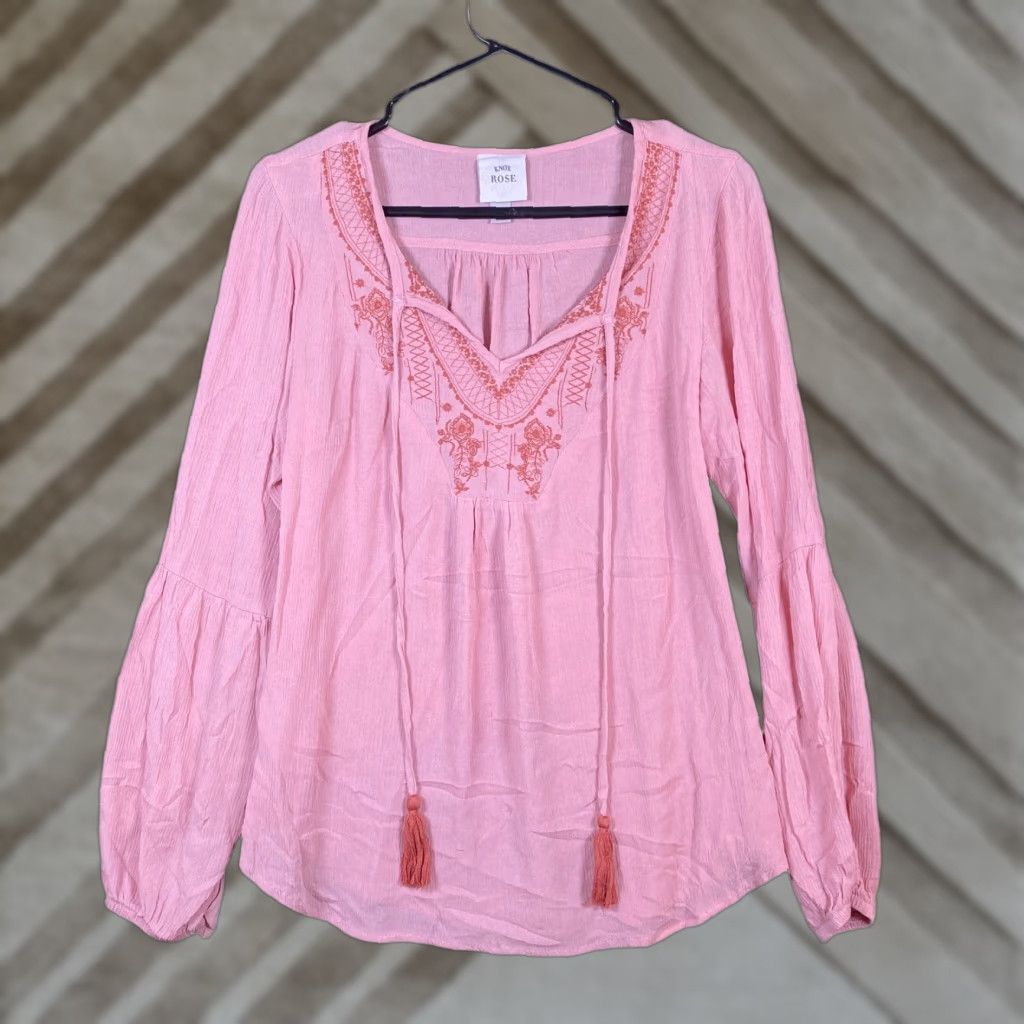 Vintage Knox Rose Blouse Womens Pink Floral V-Neck Tassels Long Sleeve Sheer Small Shirt Boho Tunic Casual Workwear Size S / US 4 / IT 40 - 1 Thumbnail
