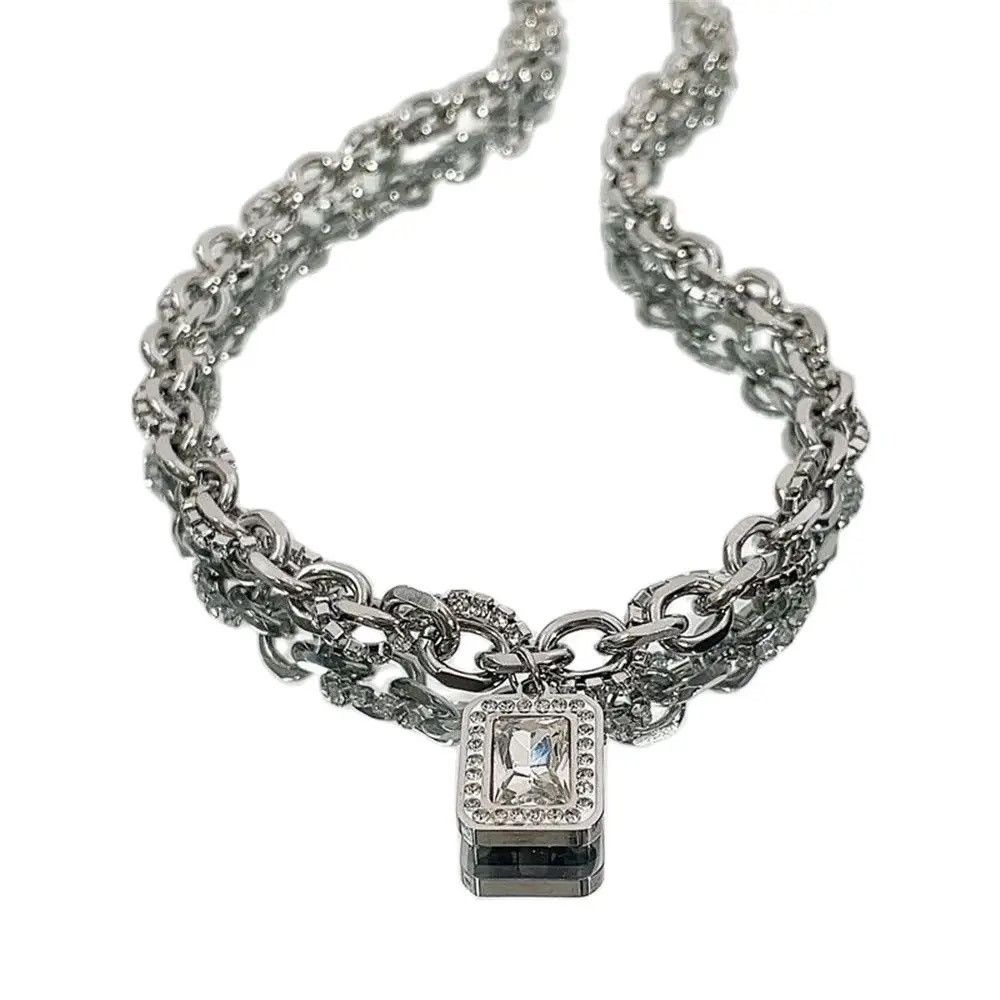 Jewelry × Vintage Hip Hop Square Zircon Necklace Titanium Steel Pendant Size ONE SIZE - 3 Thumbnail