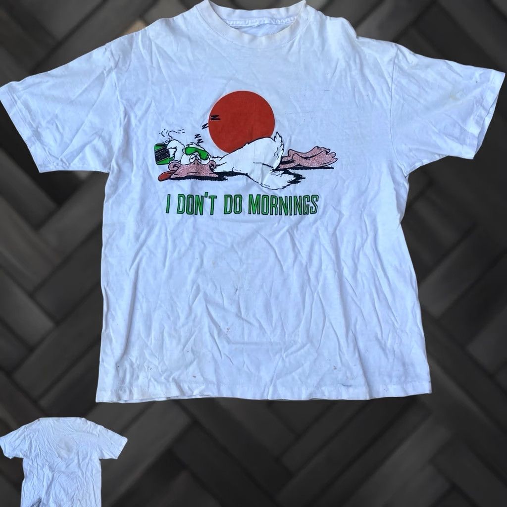 Vintage Vintage I Dont Do Mornings Quacks Java T Shirt XL White Bird Single Stitch Distressed Stained Holes Mens Shirt Size US XL / EU 56 / 4 - 1 Thumbnail