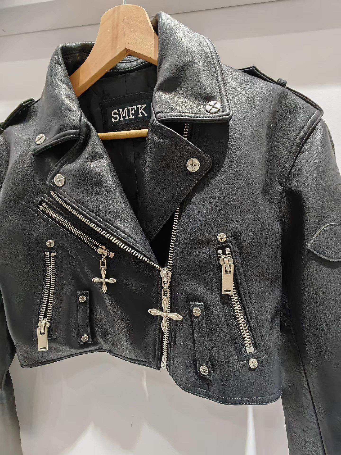 SMFK SMFK Midnight Biker Jacket Rivet Cropped Leather Jacket Q15 Size S / US 4 / IT 40 - 2 Thumbnail