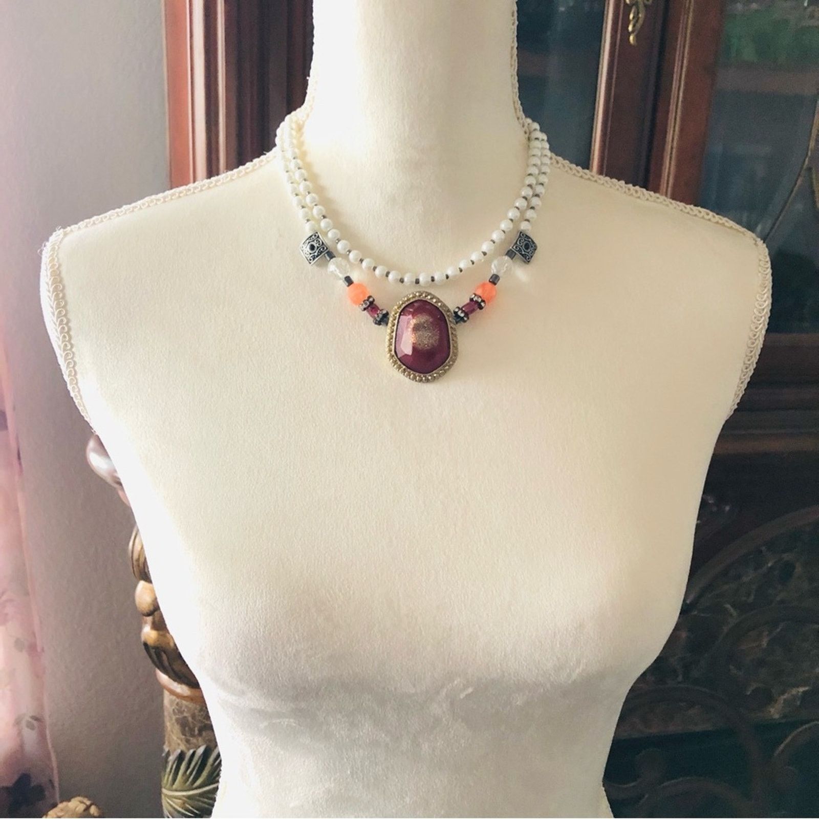 Handmade Handcrafted beaded Czech glass Pearl genuine ruby necklace Size ONE SIZE - 4 Thumbnail