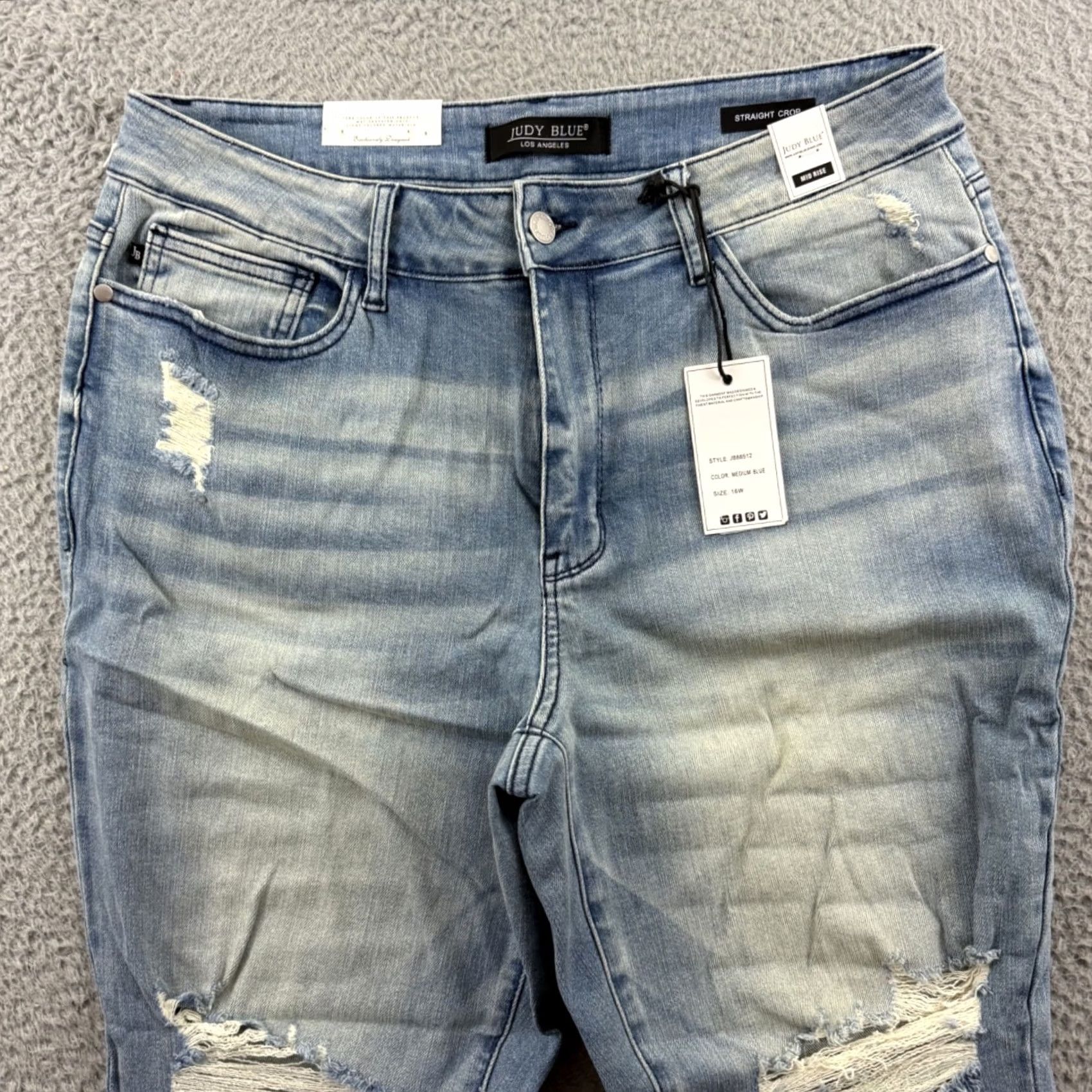 Vintage Judy Blue Jeans Womens 16 Mid Rise Straight Blue Stretch Distressed Raw Hem NWT Size 38" / US 16 / IT 52 - 3 Thumbnail