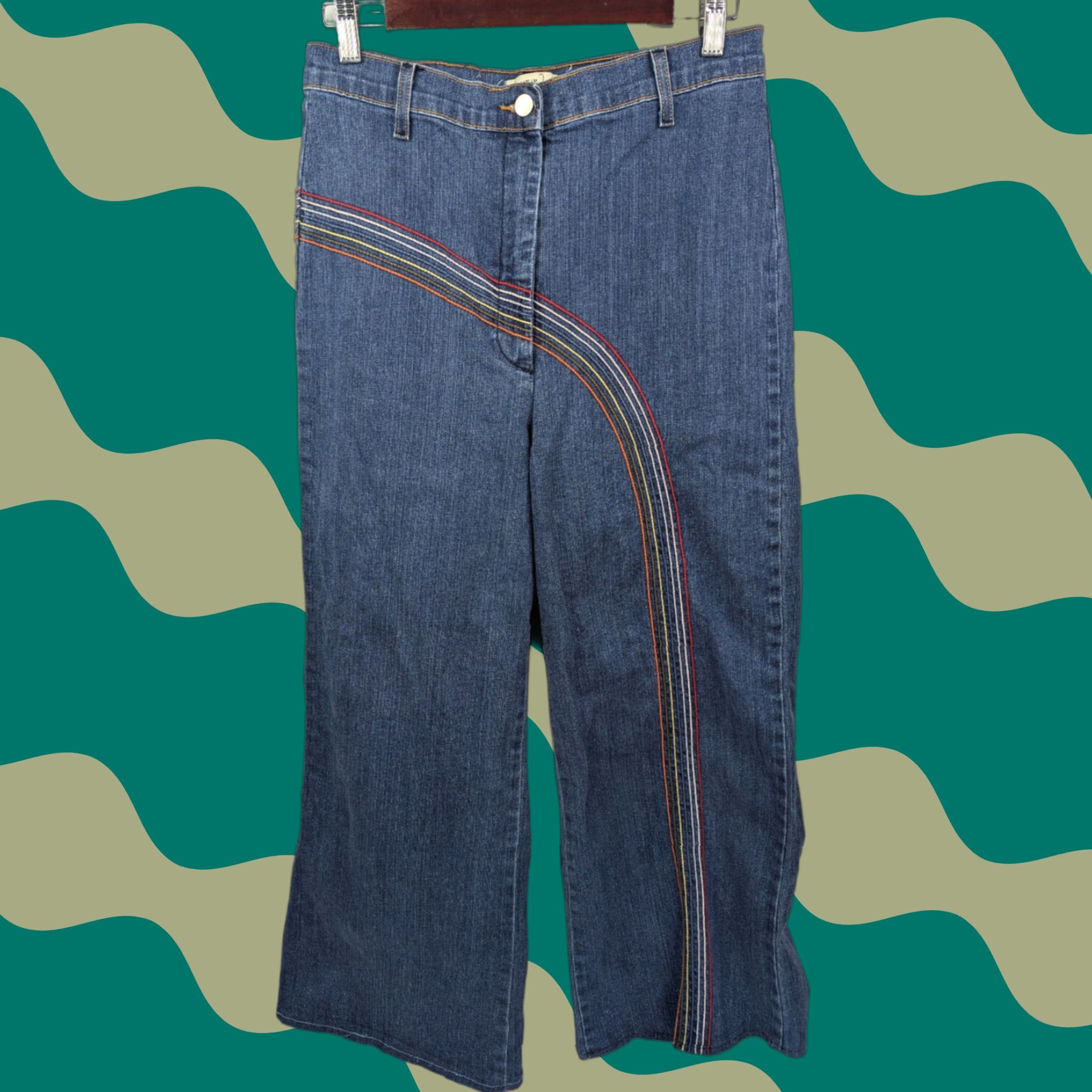 Vintage Fervour Jeans Womens Flared High Rise Denim 31/13 13 Blue Rainbow Hippie Baggy Embroidered Logo USA Size 34" / US 12 / IT 48 - 1 Thumbnail