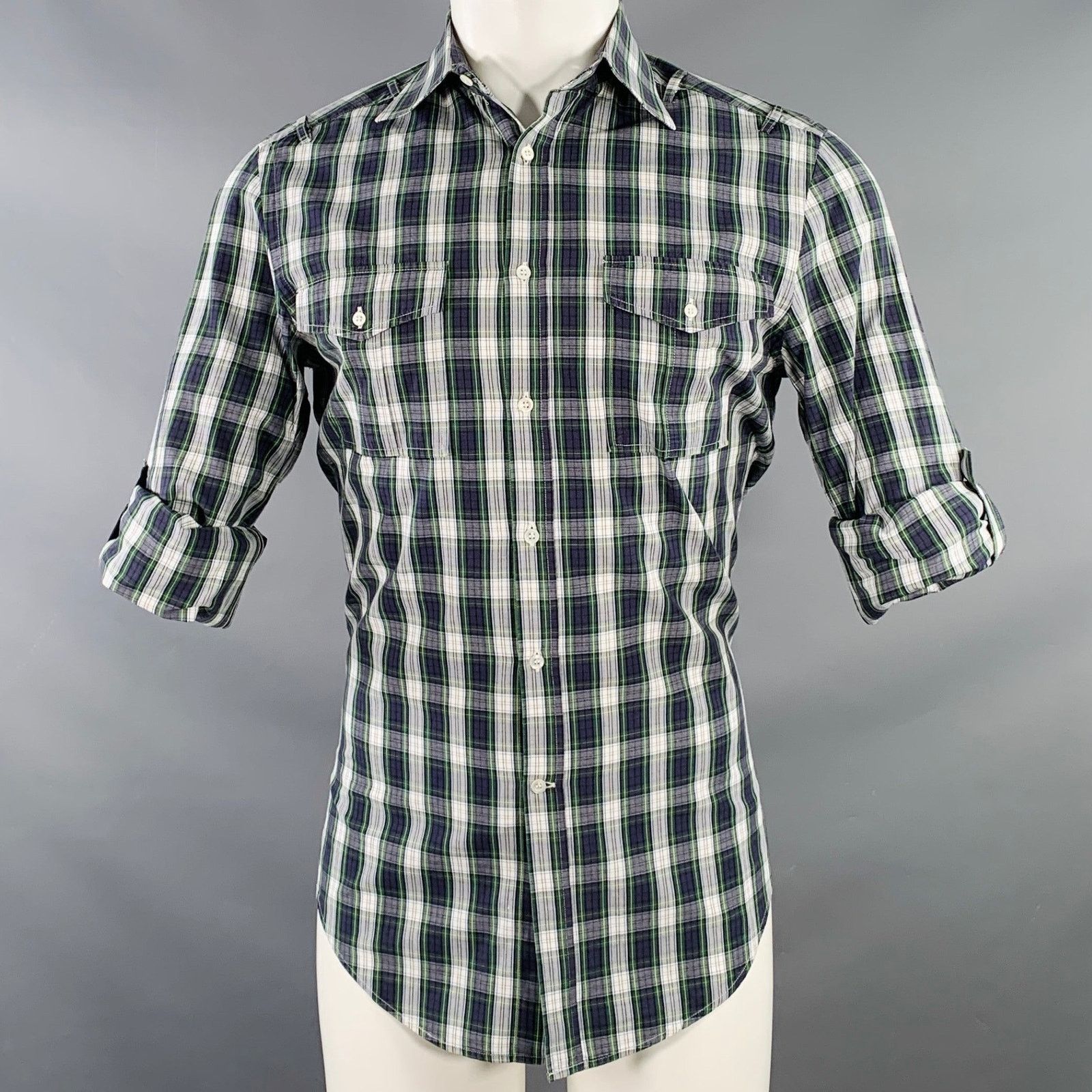 Michael Bastian Navy White Green Plaid Cotton Roll Tab Long Sleeve Shirt Size US S / EU 44-46 / 1 - 2 Thumbnail