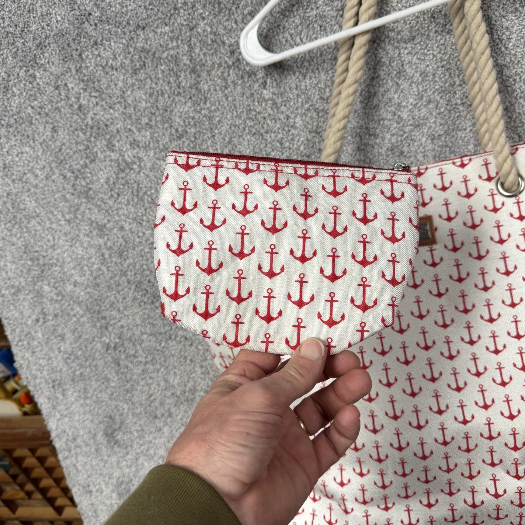 Nautica Caribbean Joe Tote Bag Anchor Print Canvas Red White Rope Shoulder Straps Large Beach Nautical Bag Womens Mens? Size ONE SIZE - 3 Thumbnail