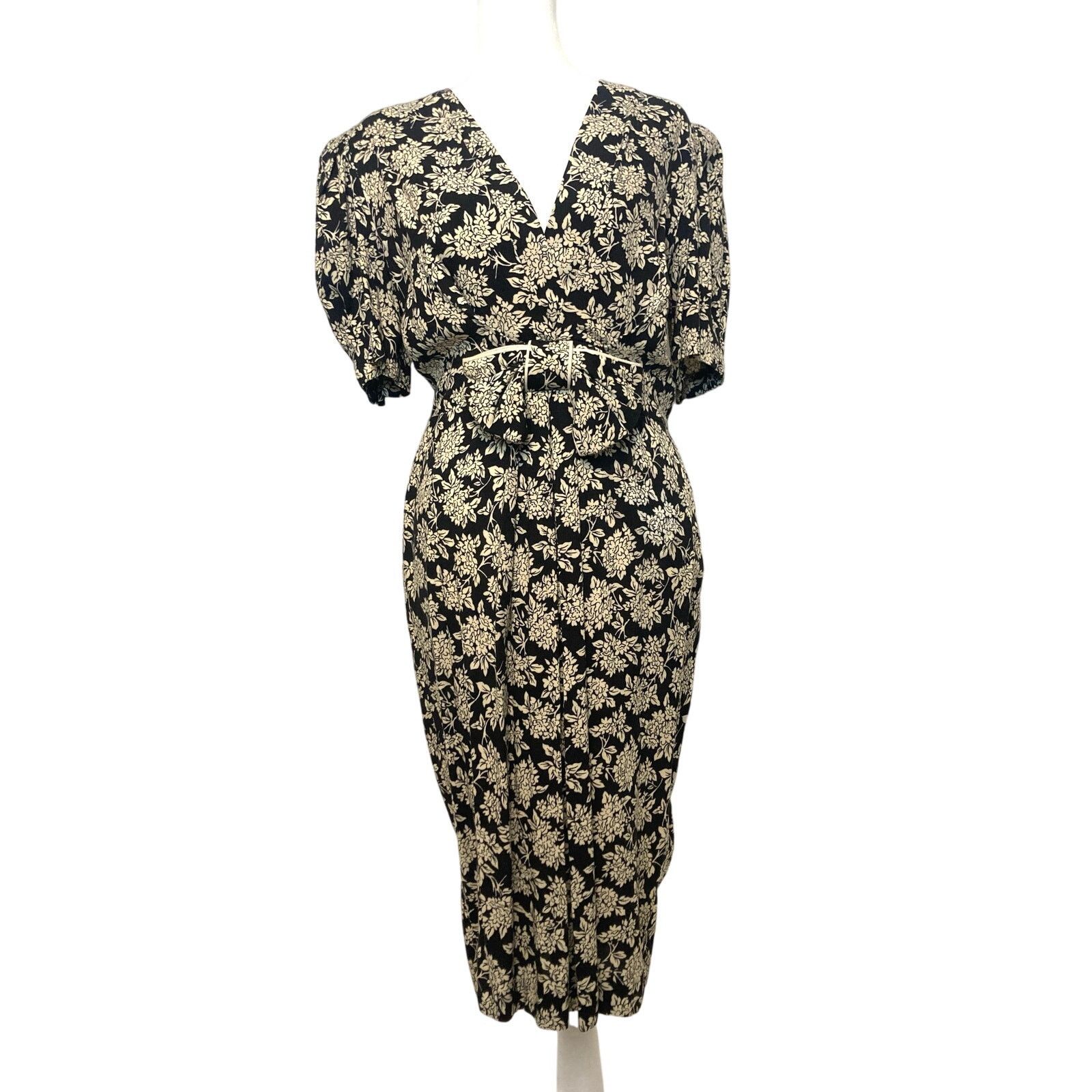 Other Jane Singer Black Ivory Floral Shoulder Pads Bow Midi Dress Size L / US 10 / IT 46 - 1 Thumbnail