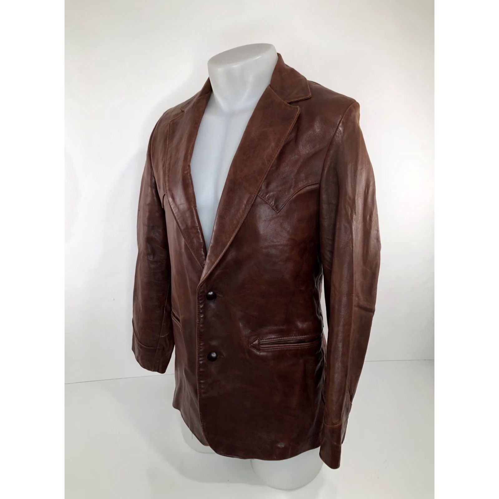 Vintage LUSKEY'S WESTERN STORES Vintage LEATHER Mens 38 Cowboy Blazer Brown Western Theme Jacket Size 38R - 3 Thumbnail