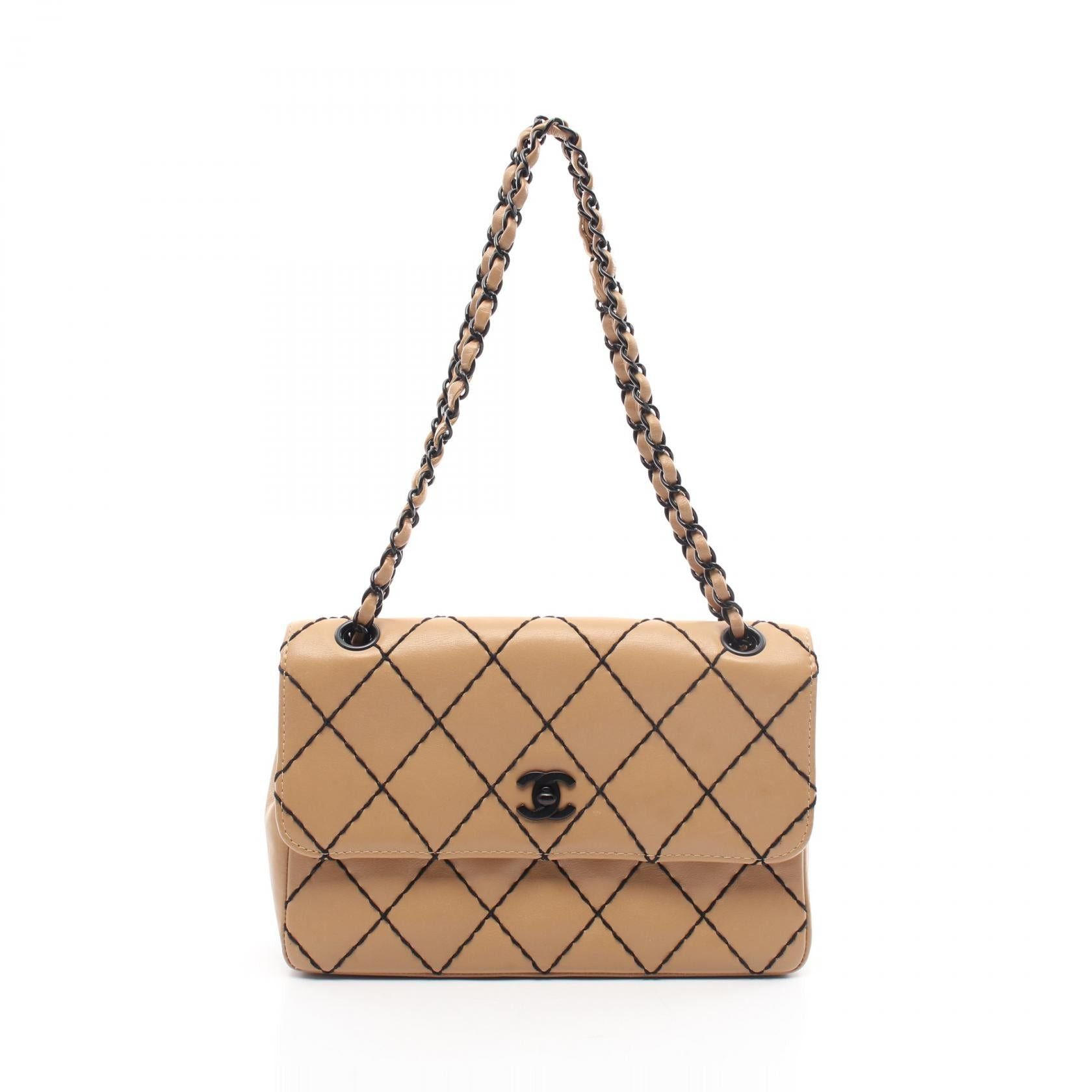 Chanel Wild Stitch Double Chain Shoulder Bag Leather Beige Black