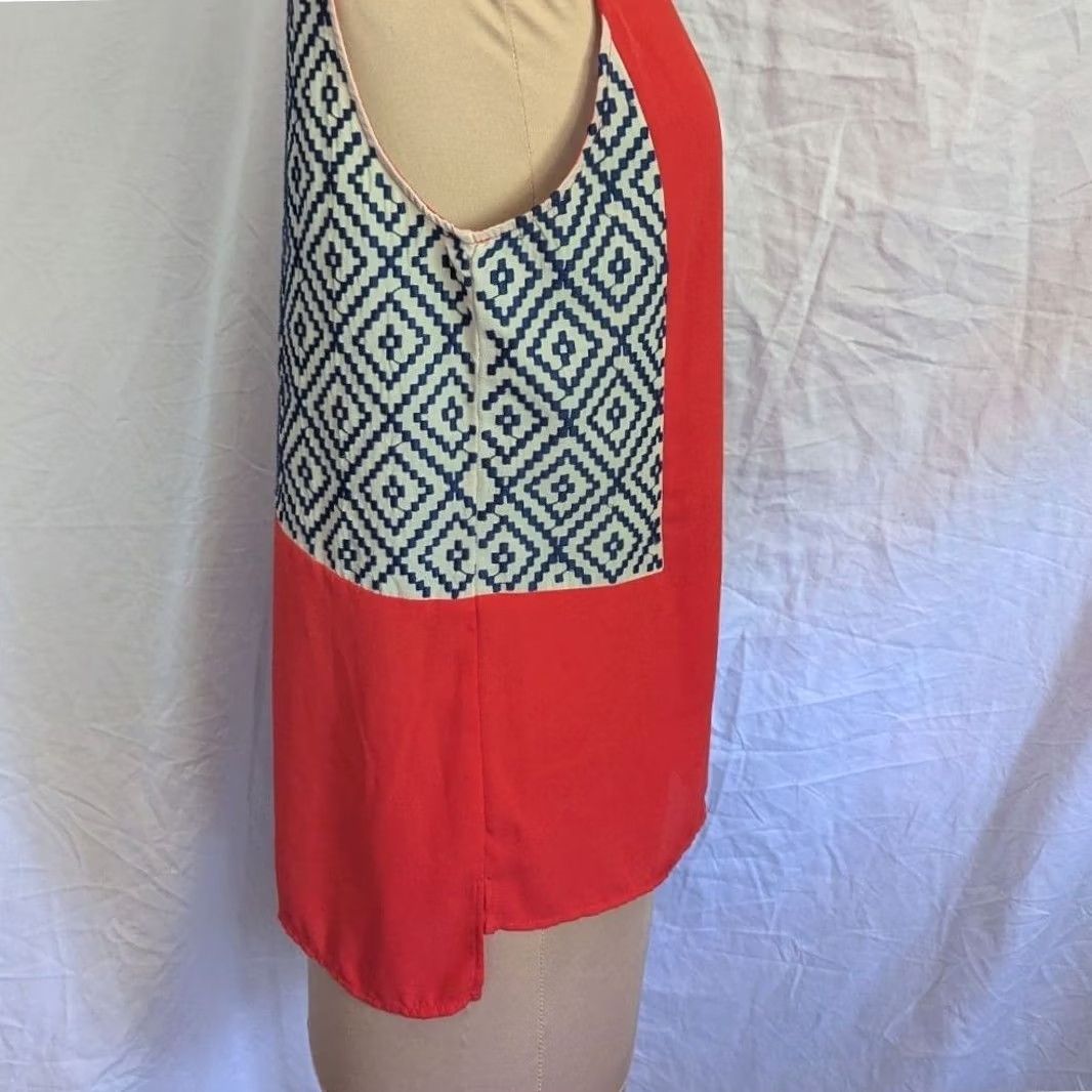 Vintage Womens Blouse Geometric Print Sleeveless Red Navy White Zip Back Round Neck Sz M Medium The Impeccable Pig Casual Workwear Boho Size M / US 6-8 / IT 42-44 - 2 Thumbnail