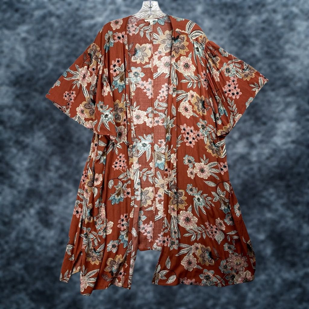 Vintage Maurices Open Front Cardigan 2X Rust Red Floral Hippie Duster Boho Swim Cover Shirt Womens Vintage? Size XXL / US 16-18 / IT 52-54 - 1 Thumbnail