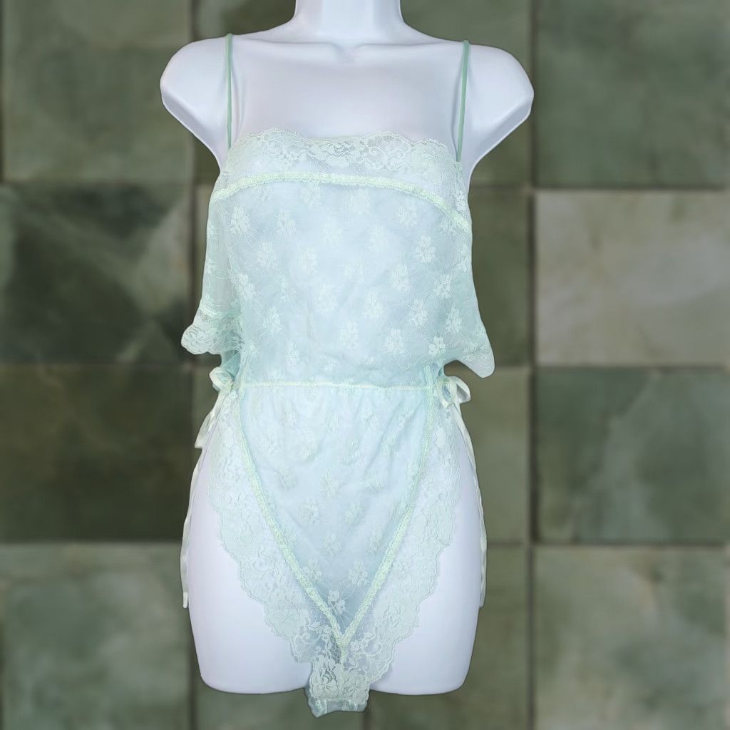 Vintage VINTAGE Lorraine Teddy Womens L Large Mint Green Lace Sheer Nylon 90s One Piece Bodysuit Size ONE SIZE - 1 Thumbnail